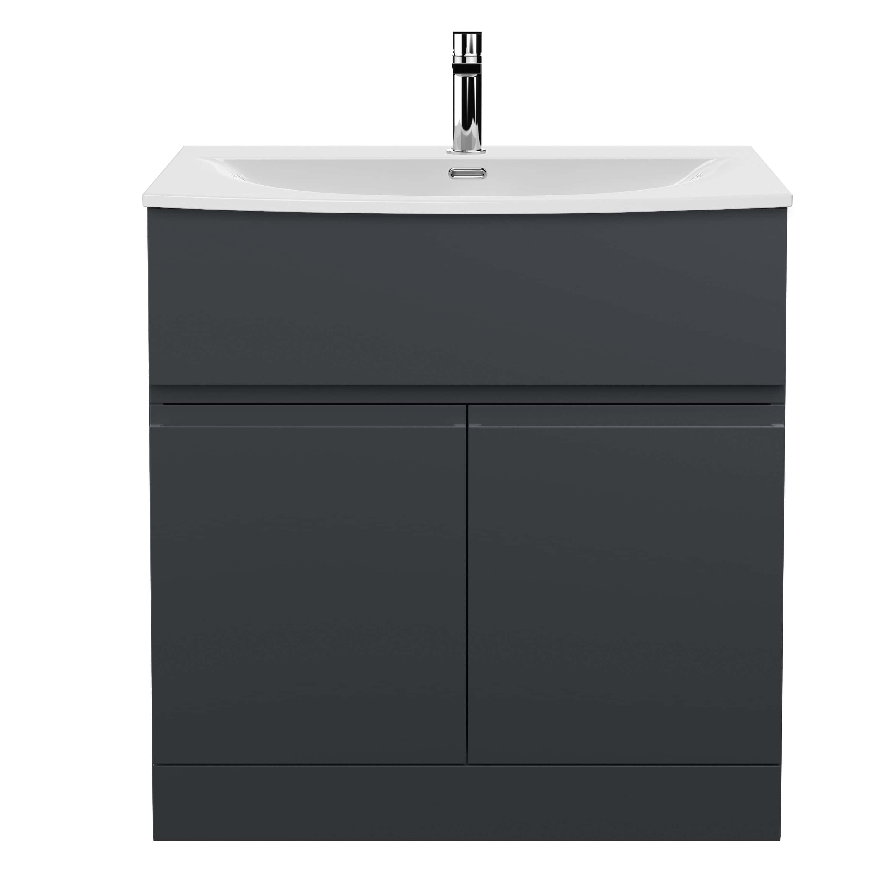 Sleek modern bathroom vanity with integrated sink and chrome faucet, grey cabinet with storage space, ideal for contemporary bathroom designs.