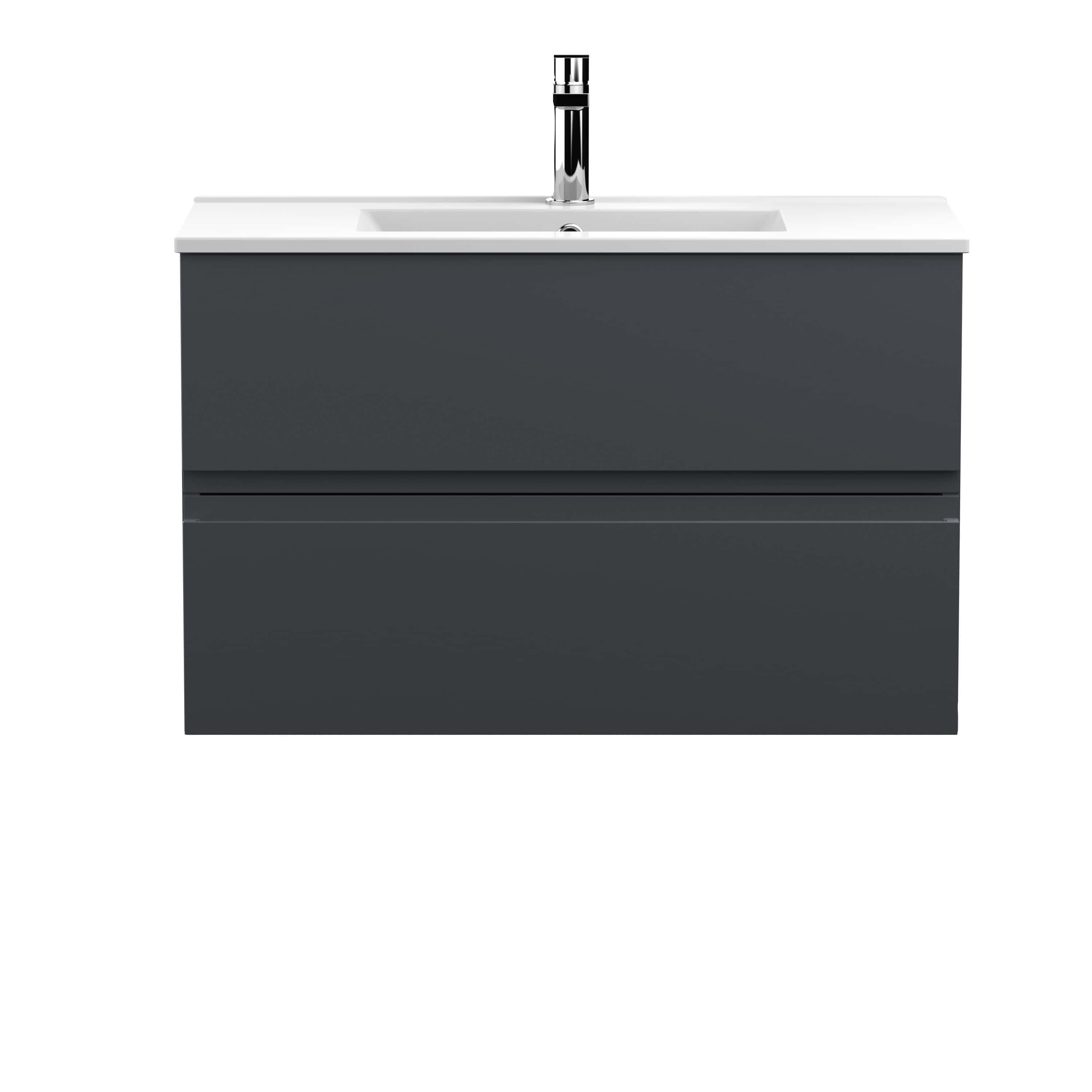 Modern grey bathroom vanity with integrated ceramic sink and chrome faucet, ideal for contemporary bathroom remodels.
