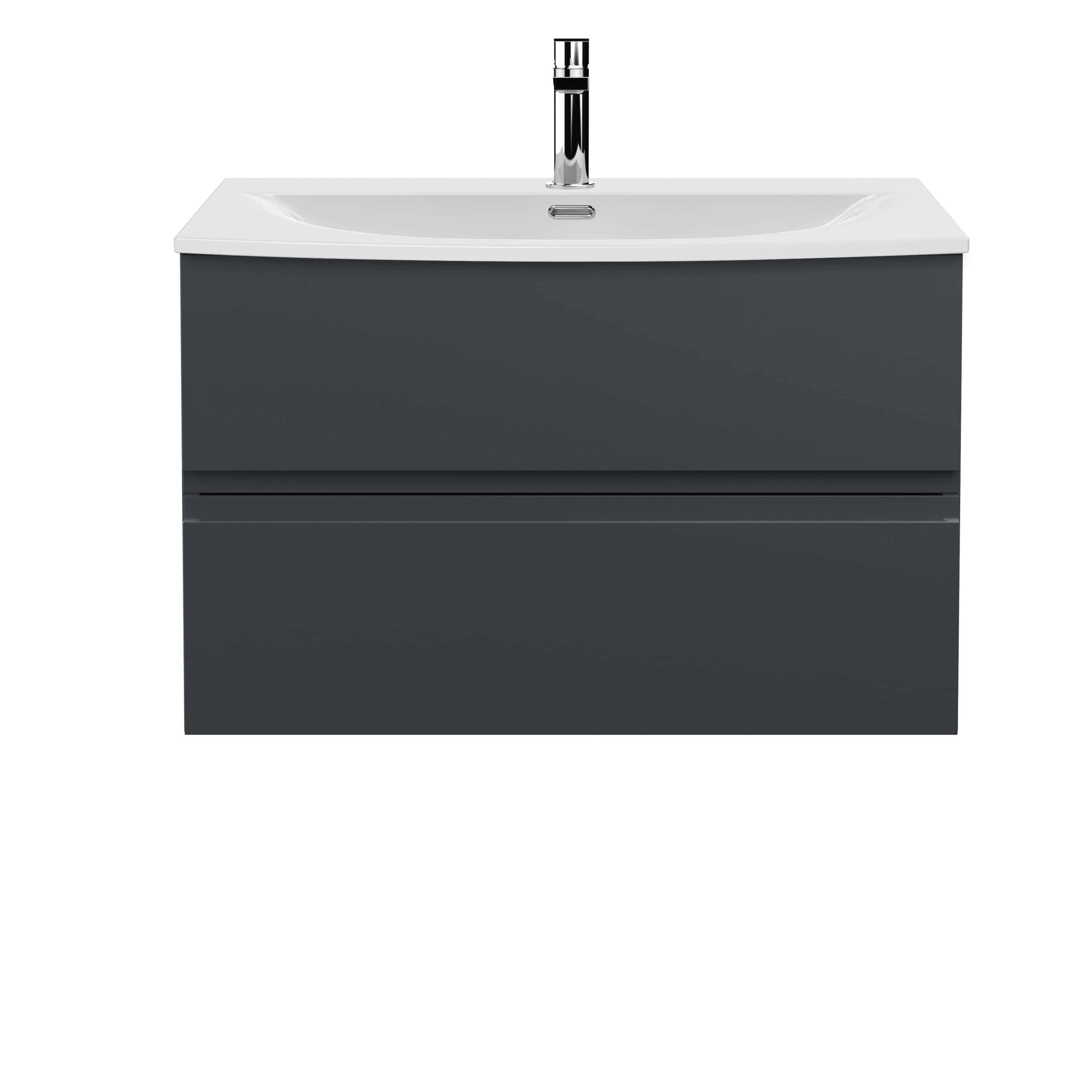 Sleek modern bathroom vanity with white ceramic sink and dark grey storage cabinet from Bubly Bathrooms. Perfect for contemporary bathroom designs, featuring clean lines and practical storage solutions.