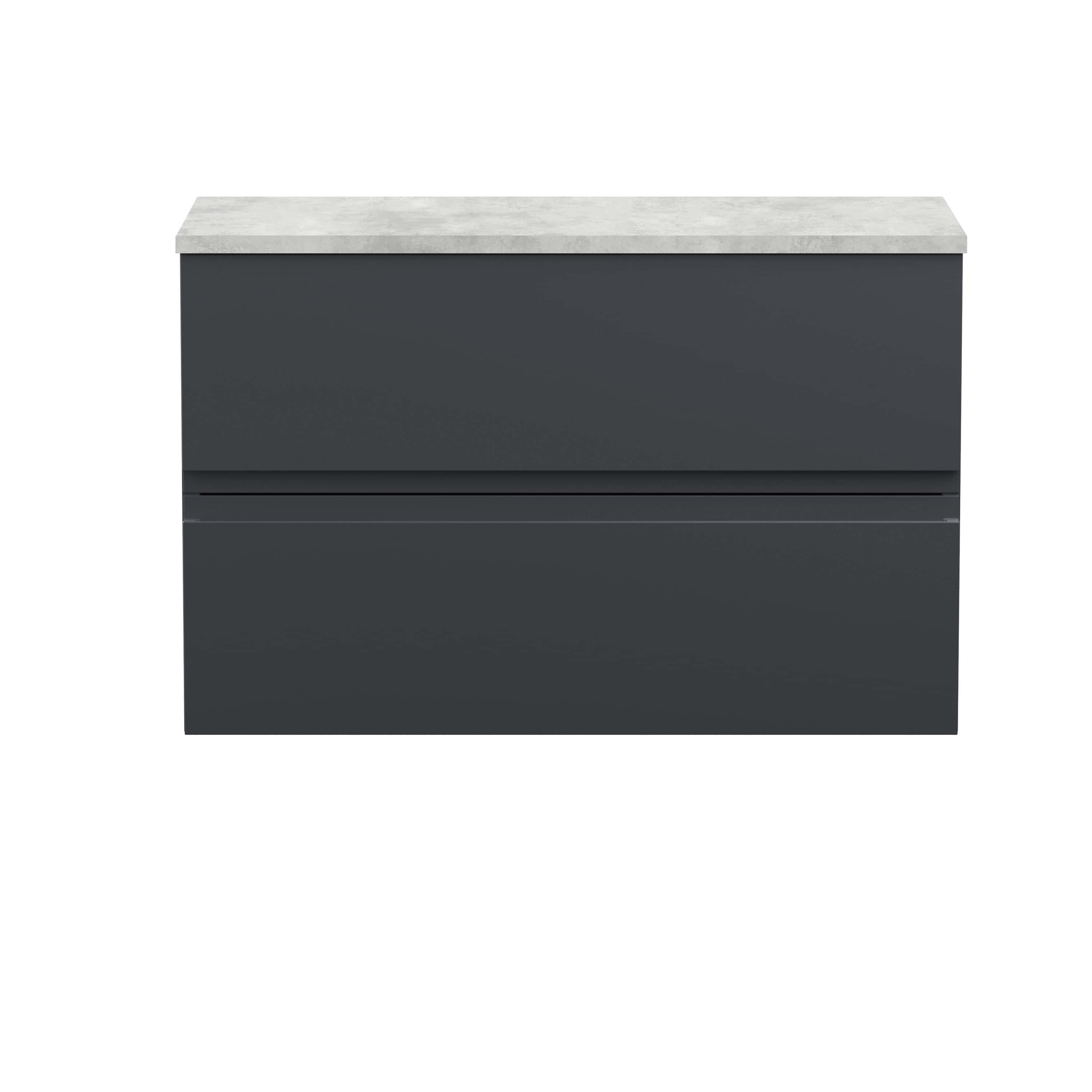 Sleek dark grey bathroom vanity with concealed handles and a light grey marble countertop, perfect for modern bathroom interiors.