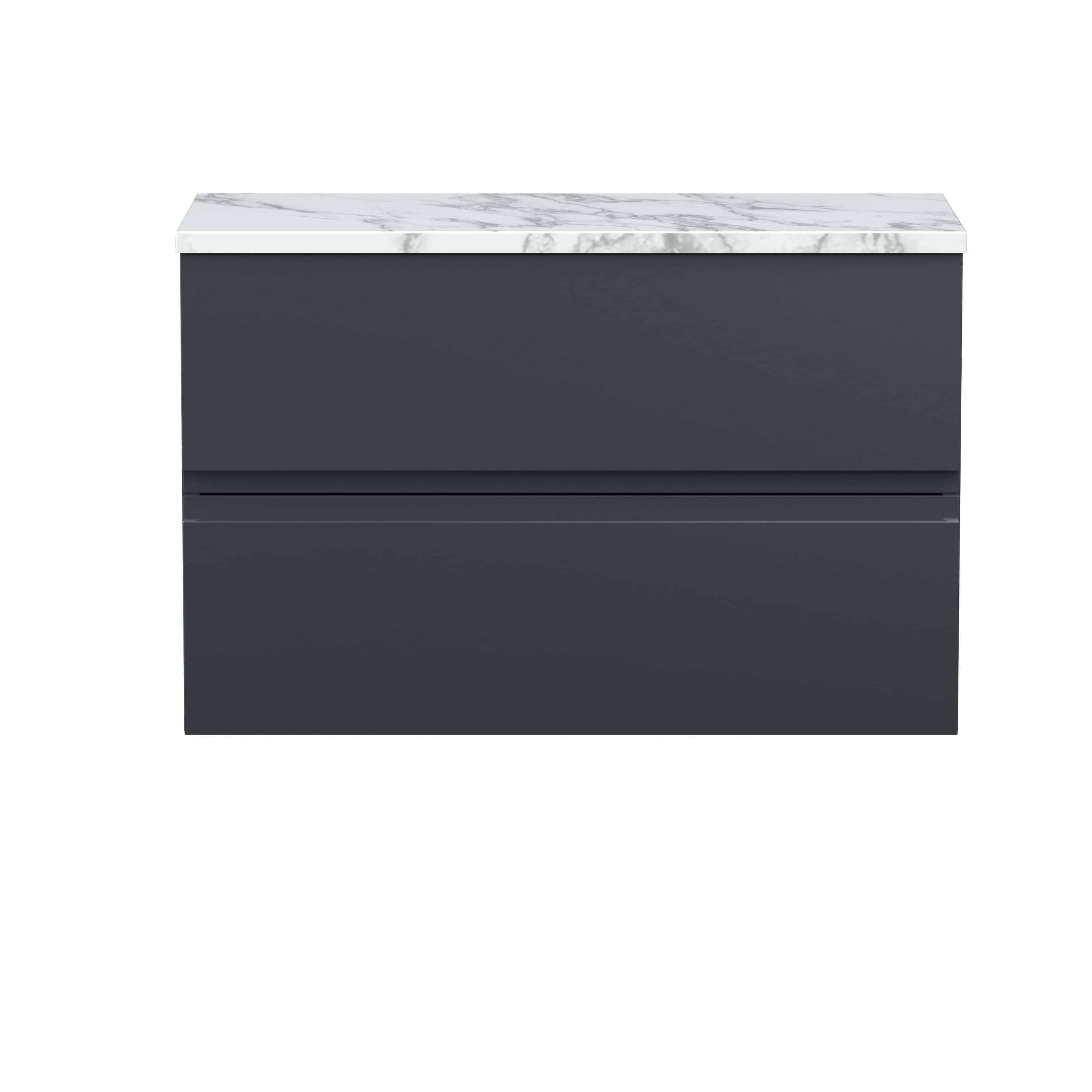 Sleek modern bathroom vanity with a dark grey finish and a white marble top, designed for contemporary bathroom decor. Perfect for stylish storage and elegance in bathroom spaces.