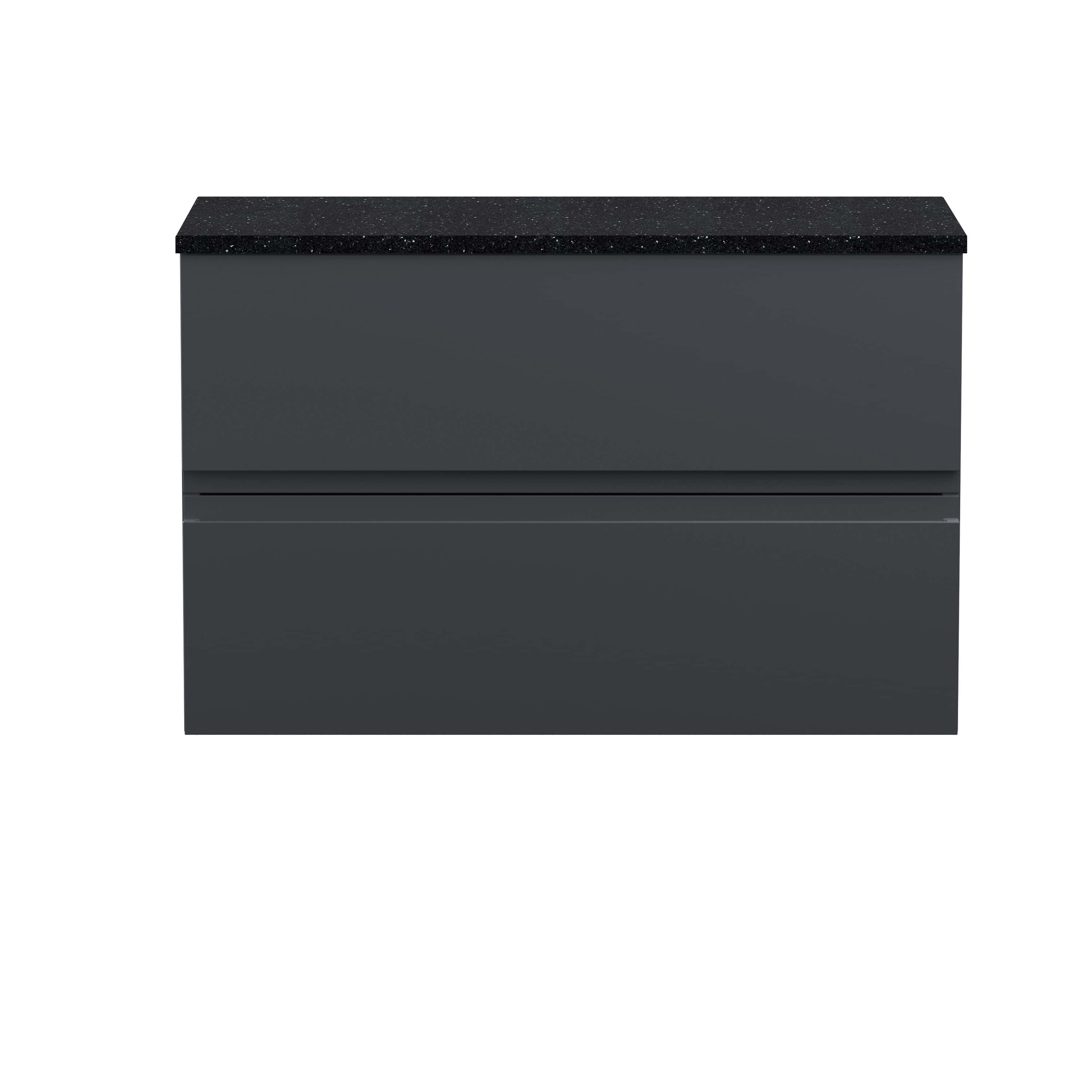 Sleek modern grey bathroom vanity unit with a black textured countertop, providing stylish storage and surface space for contemporary bathrooms. Ideal for minimalist interior design.
