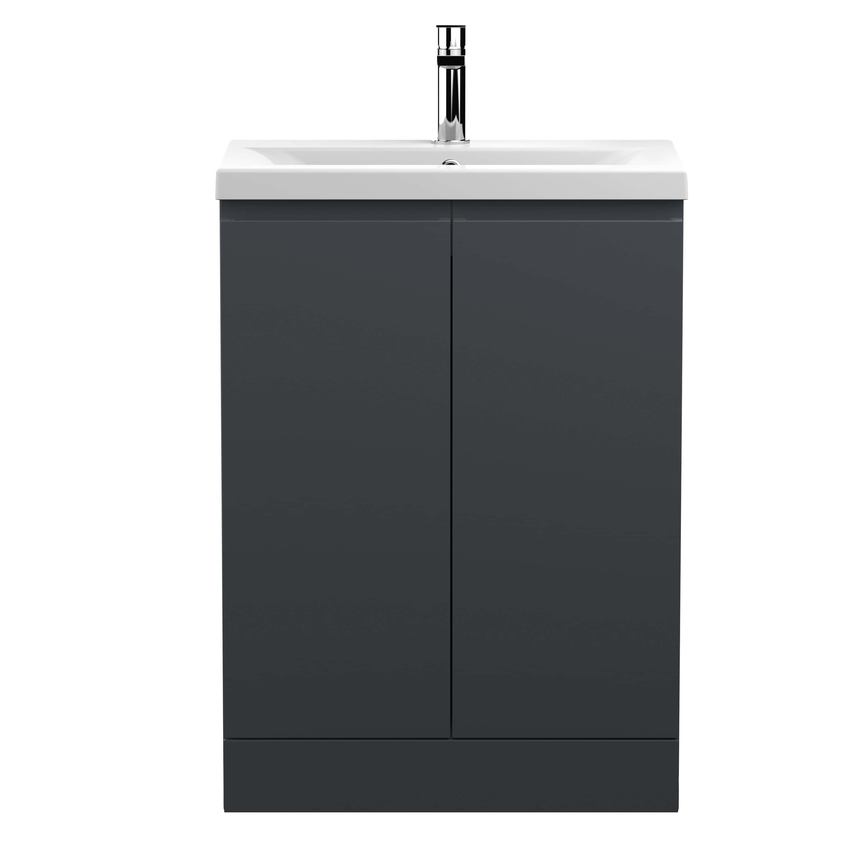 Modern bathroom vanity unit with a white ceramic sink and sleek grey cabinet storage. Perfect for contemporary bathrooms, combining style and practicality in small or large spaces.