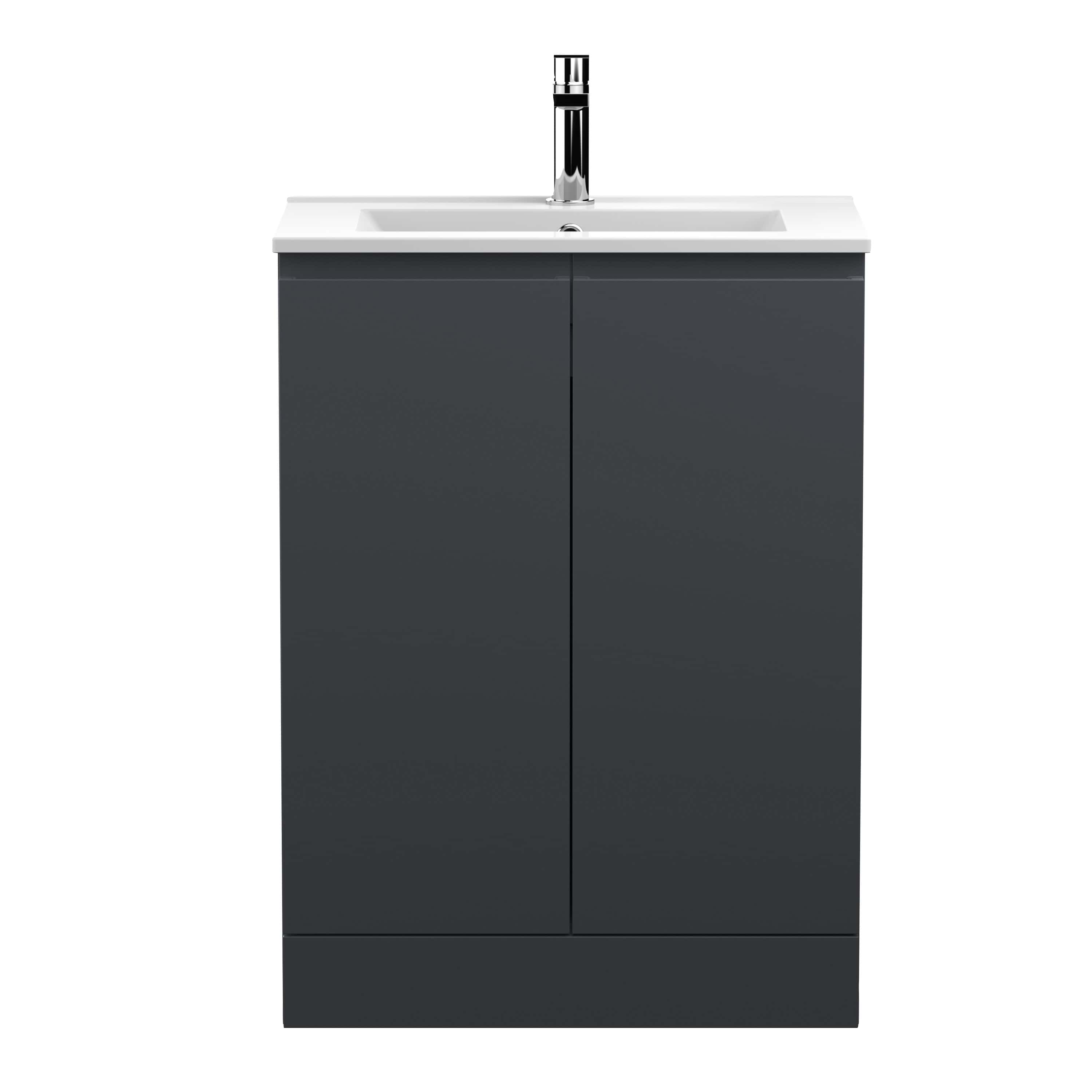 Modern grey bathroom vanity unit with integrated sink and chrome tap, ideal for contemporary bathroom renovations. Perfect for stylish bathroom storage solutions.