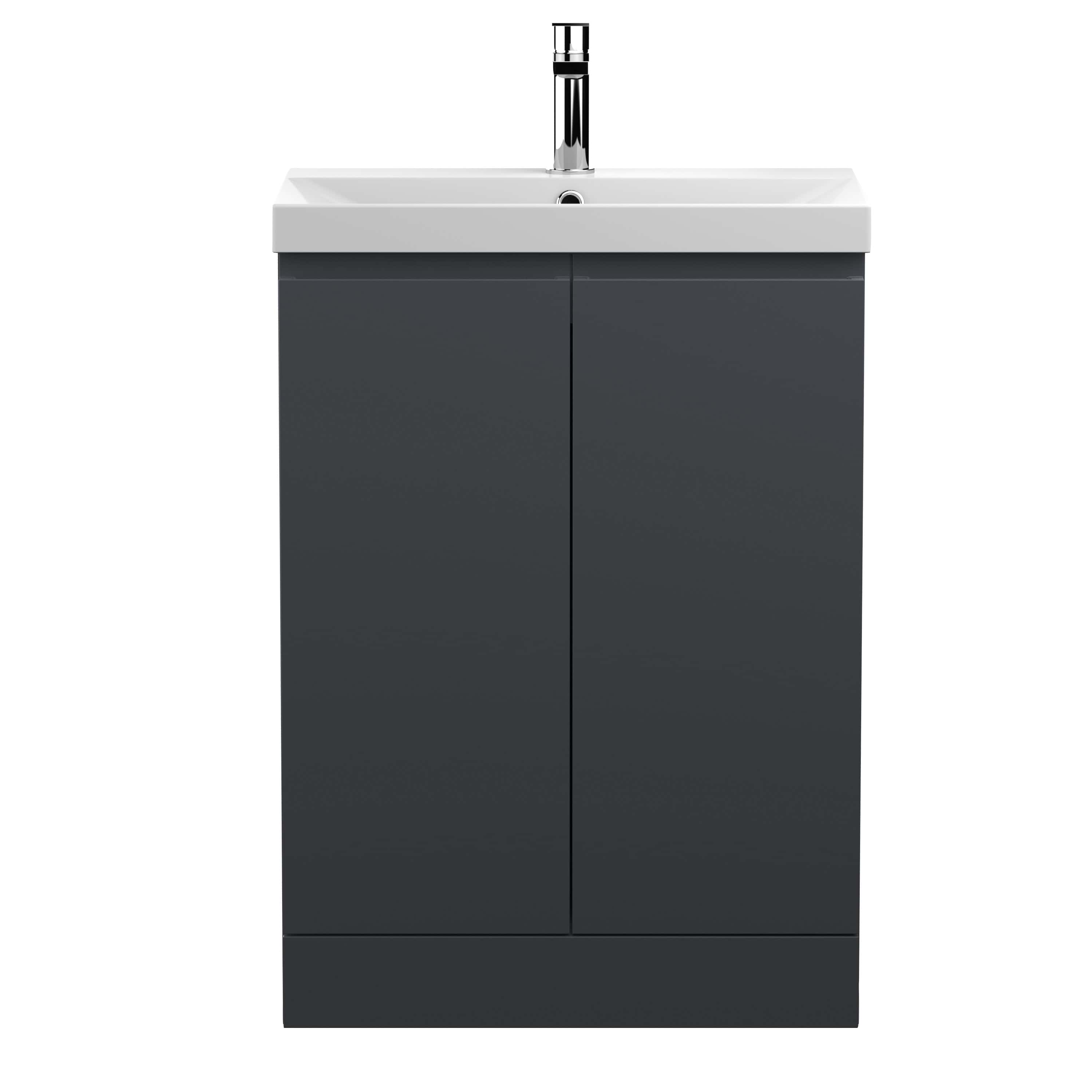 Sleek modern bathroom vanity unit with a white ceramic sink and chrome tap, ideal for contemporary bathroom designs. Perfect for stylish and functional bathroom storage solutions.