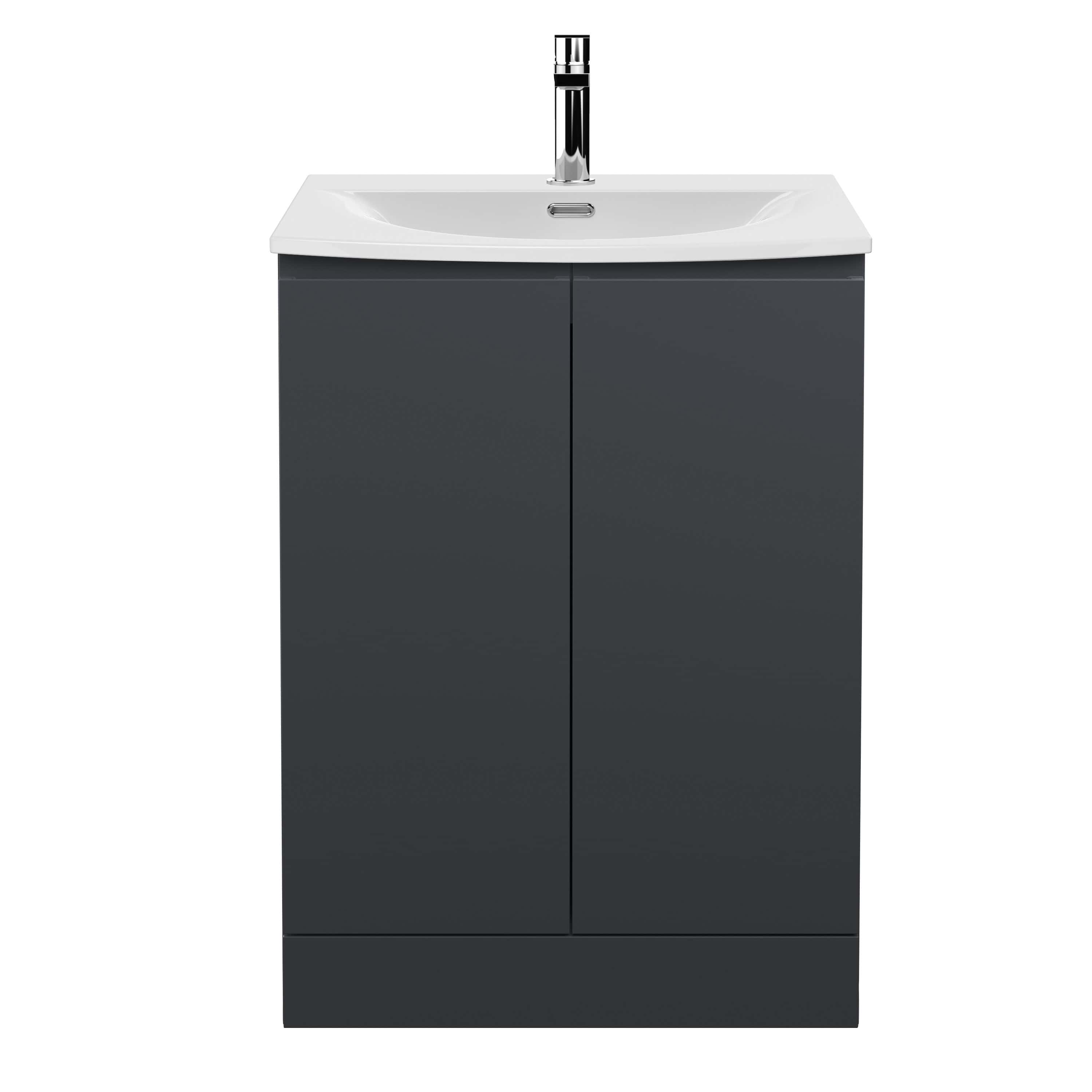 Modern dark grey bathroom vanity unit with integrated sink and chrome tap, ideal for contemporary bathroom designs. Perfect storage solution with sleek, minimalist style.