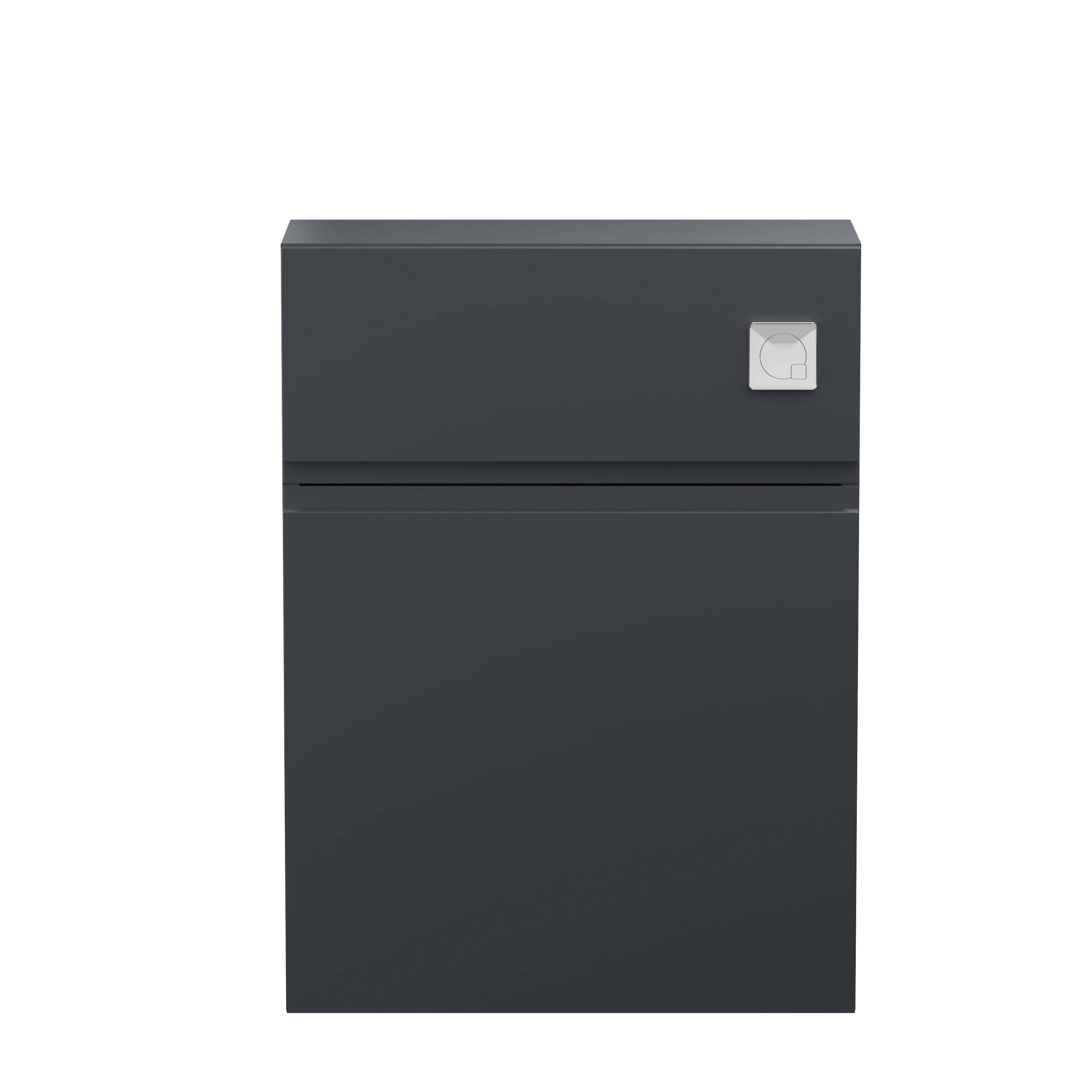 Smooth black bathroom cabinet with a minimalist design and silver control knob, perfect for modern bathrooms and storage solutions.