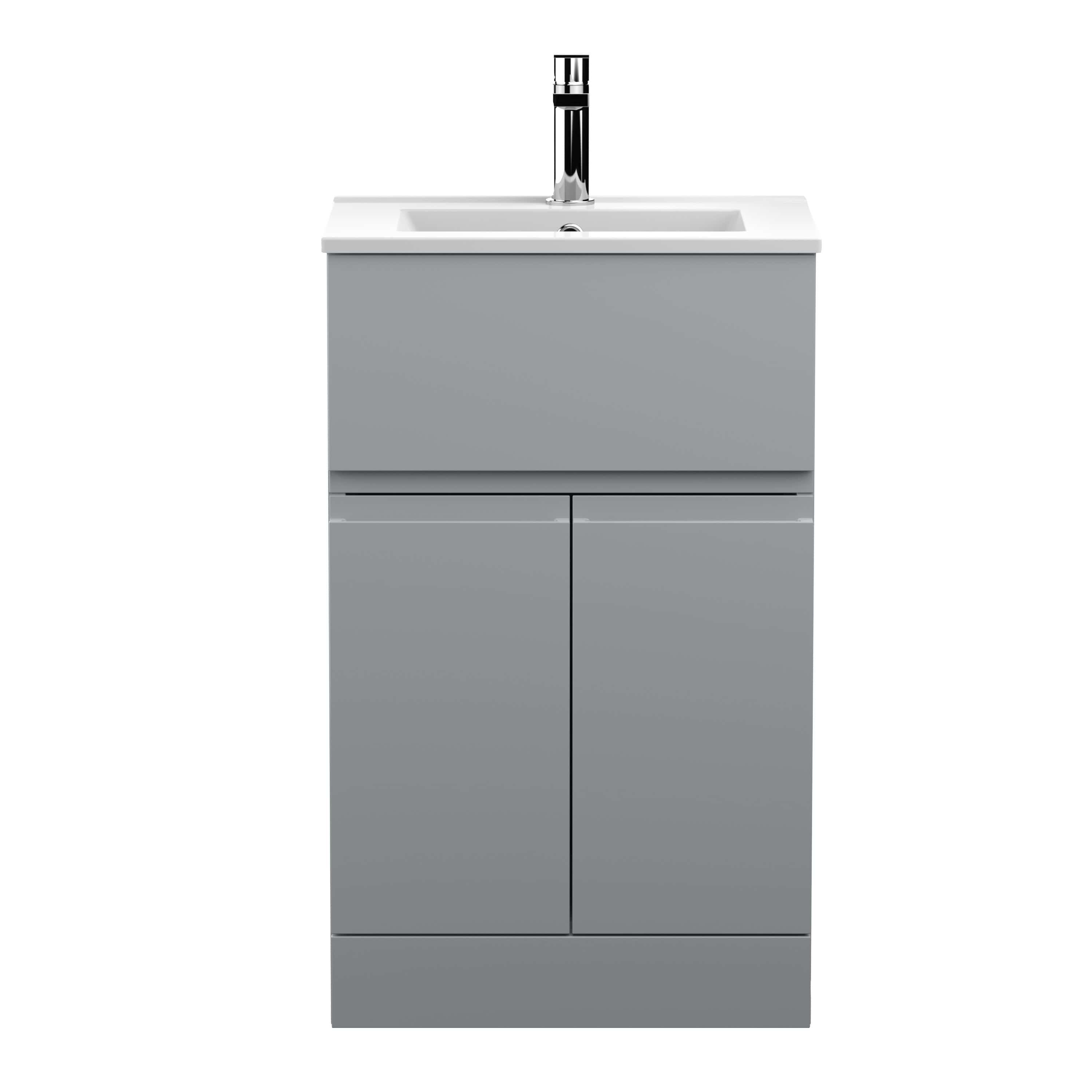 Stylish grey bathroom vanity unit with integrated sink and modern chrome tap, ideal for contemporary bathroom or washroom renovations.