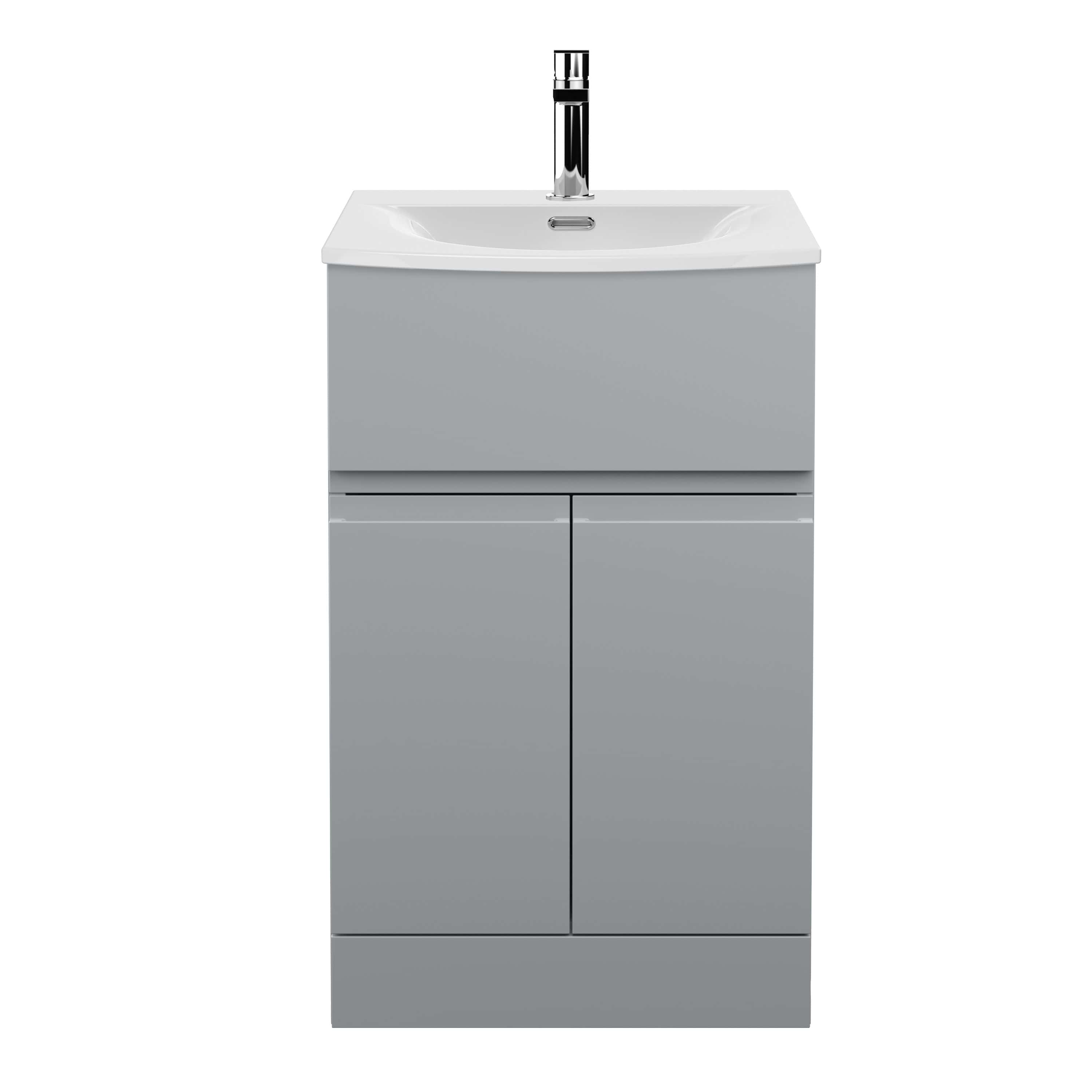 Sleek grey bathroom vanity with integrated sink and chrome faucet, ideal for modern bathroom decor and space-saving storage.