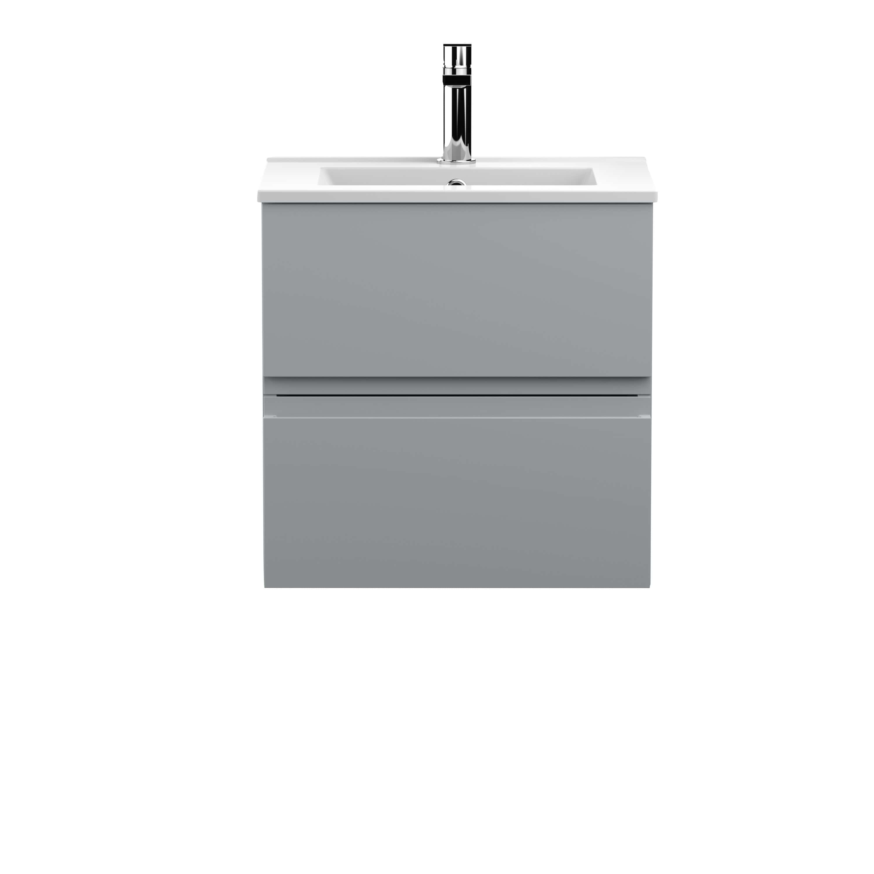 Modern grey bathroom vanity unit with integrated sink and sleek chrome tap, ideal for contemporary bathroom spaces. Perfect for stylish storage and functional design.