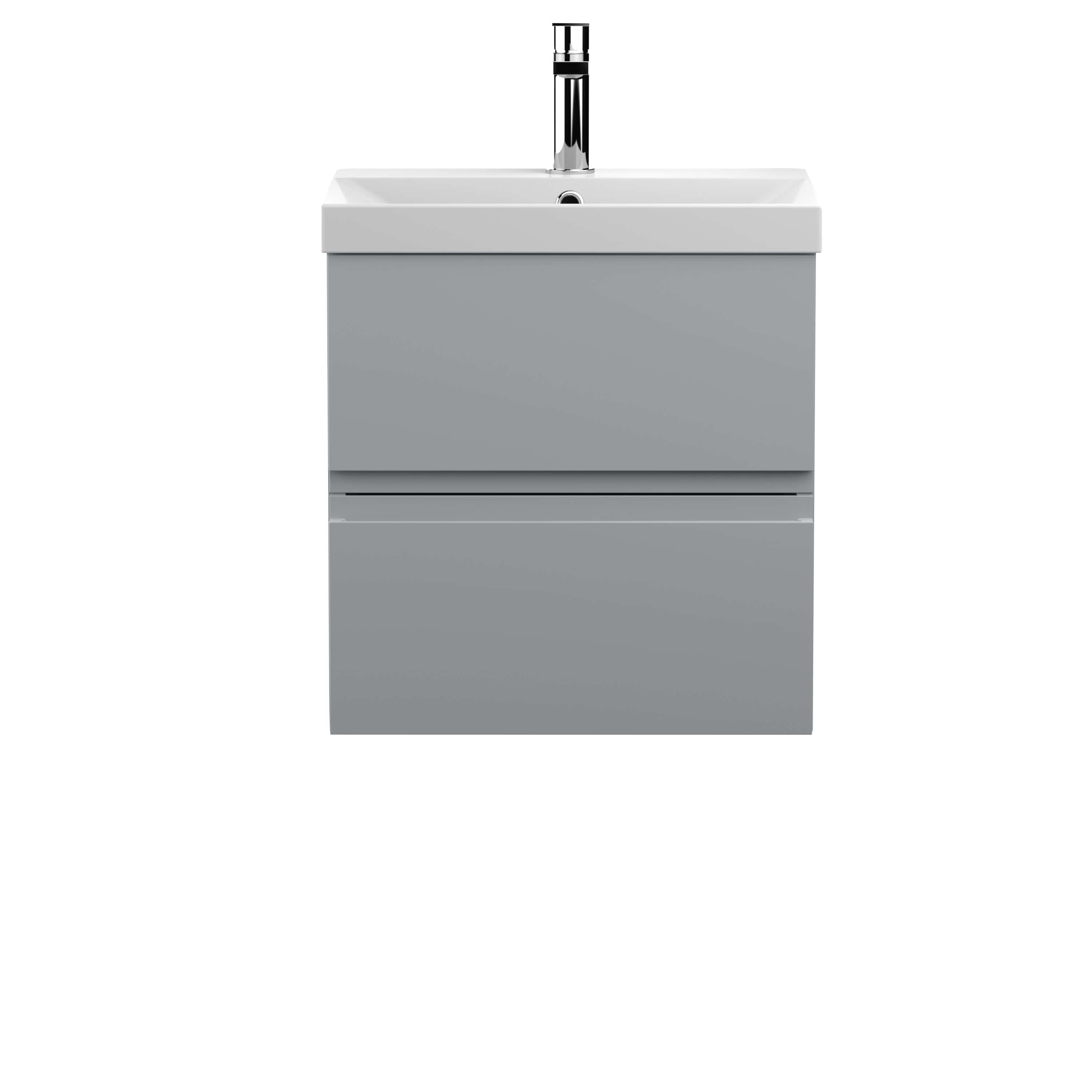 Contemporary grey bathroom vanity with integrated sink and chrome faucet, ideal for modern bathrooms. Sleek design with storage drawer for a stylish and functional bathroom setup.