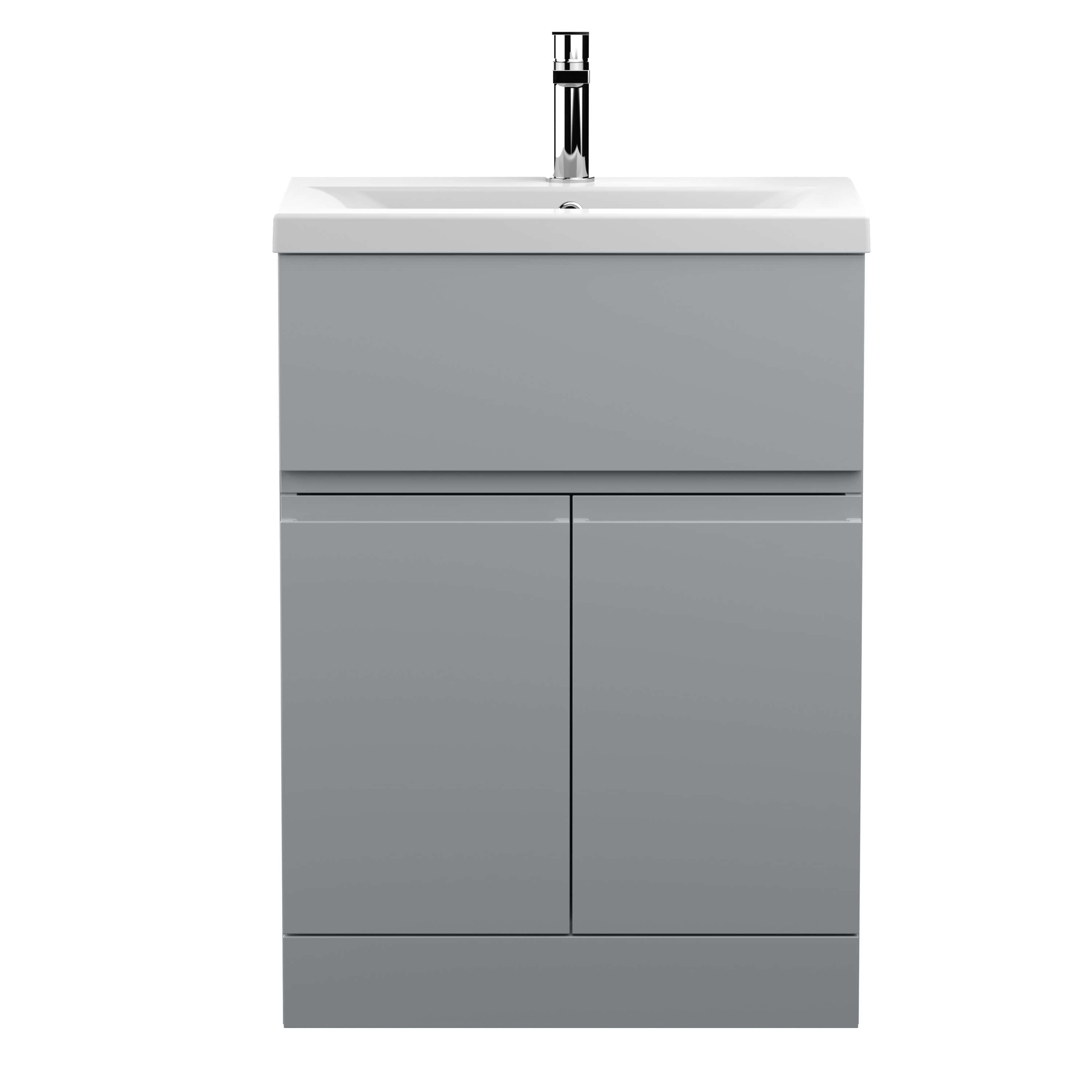 Modern grey bathroom vanity with integrated sink and chrome faucet, ideal for contemporary bathroom designs and versatile storage solutions.