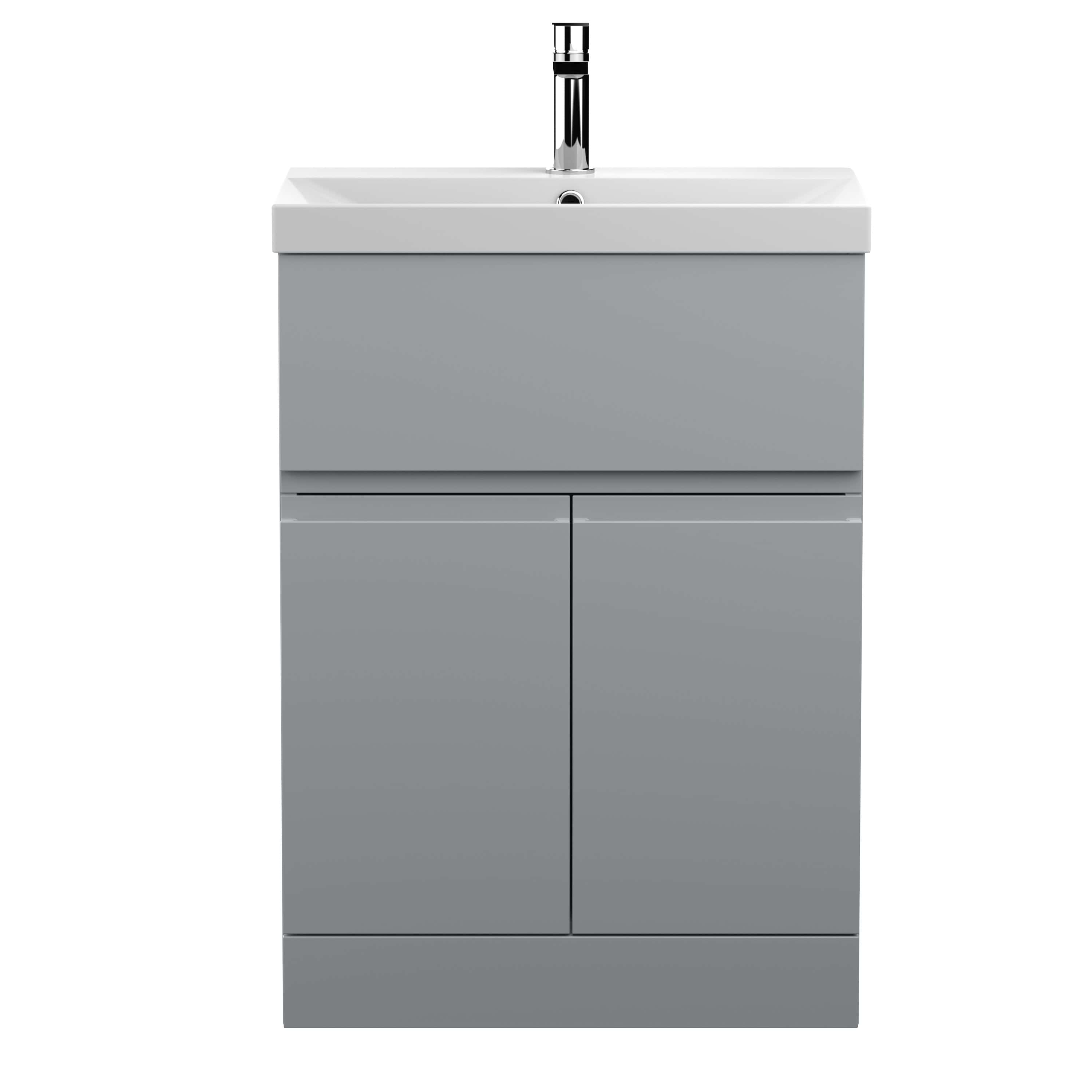 Modern grey bathroom vanity unit with integrated sink and chrome faucet, ideal for contemporary bathrooms looking for sleek storage solutions.