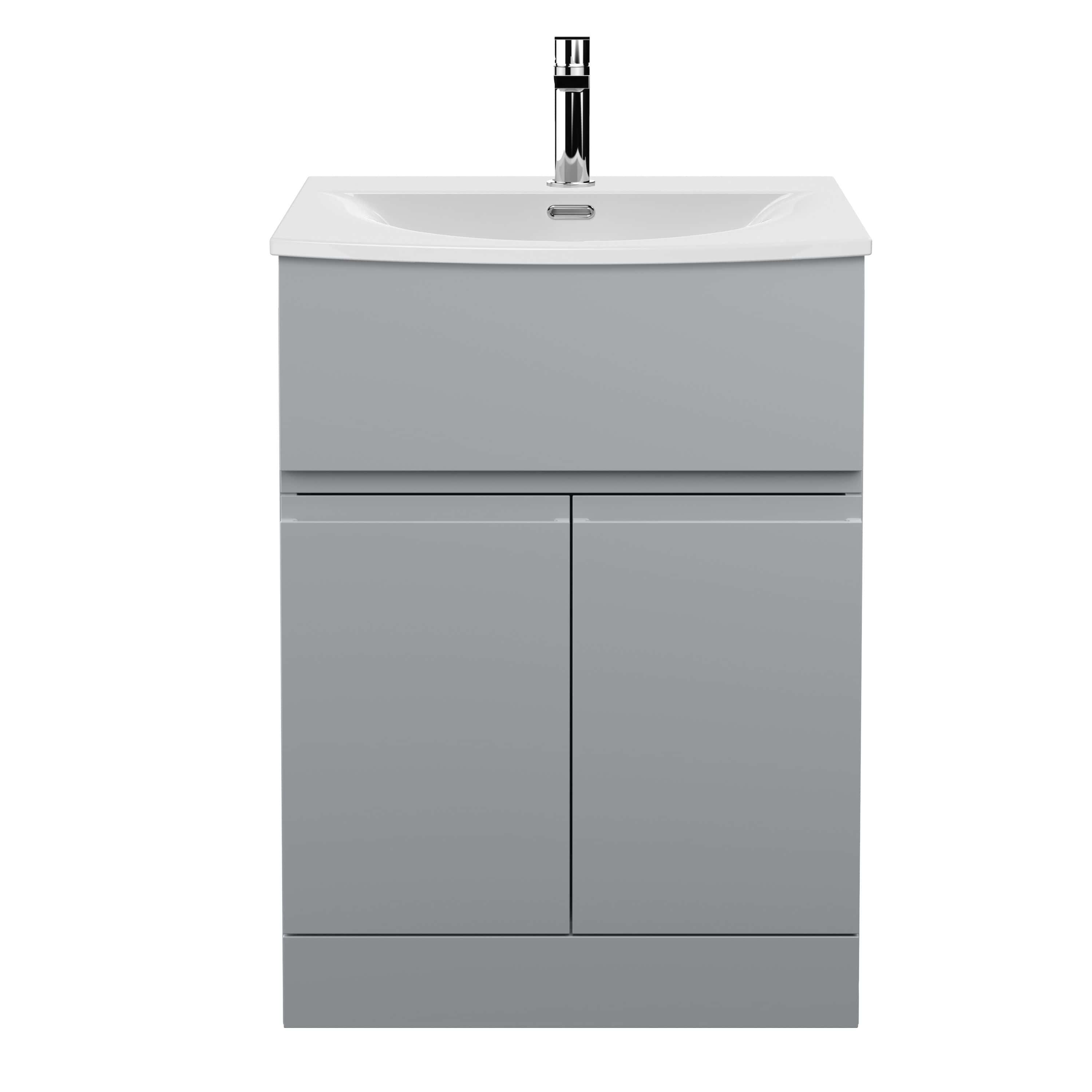 Modern grey bathroom vanity unit with integrated sink and storage drawers, ideal for contemporary bathroom renovations. Durable, sleek design with chrome tap for stylish functionality.