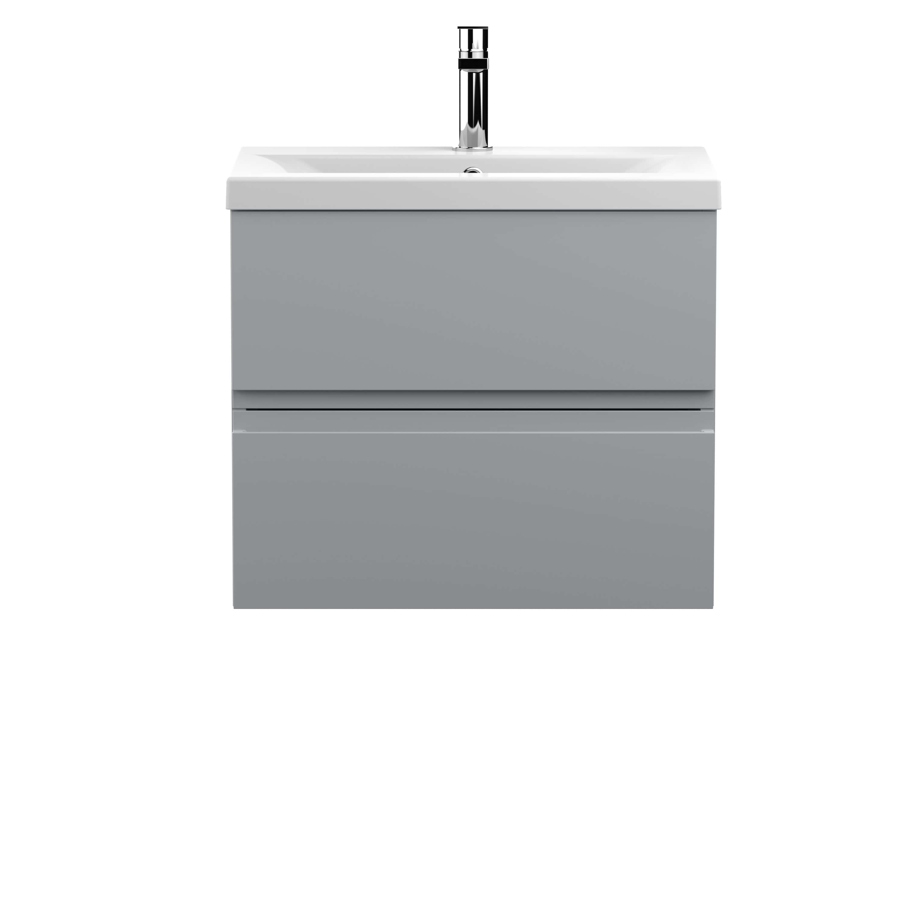 Modern grey bathroom vanity with sink and chrome tap, ideal for contemporary bathroom designs.