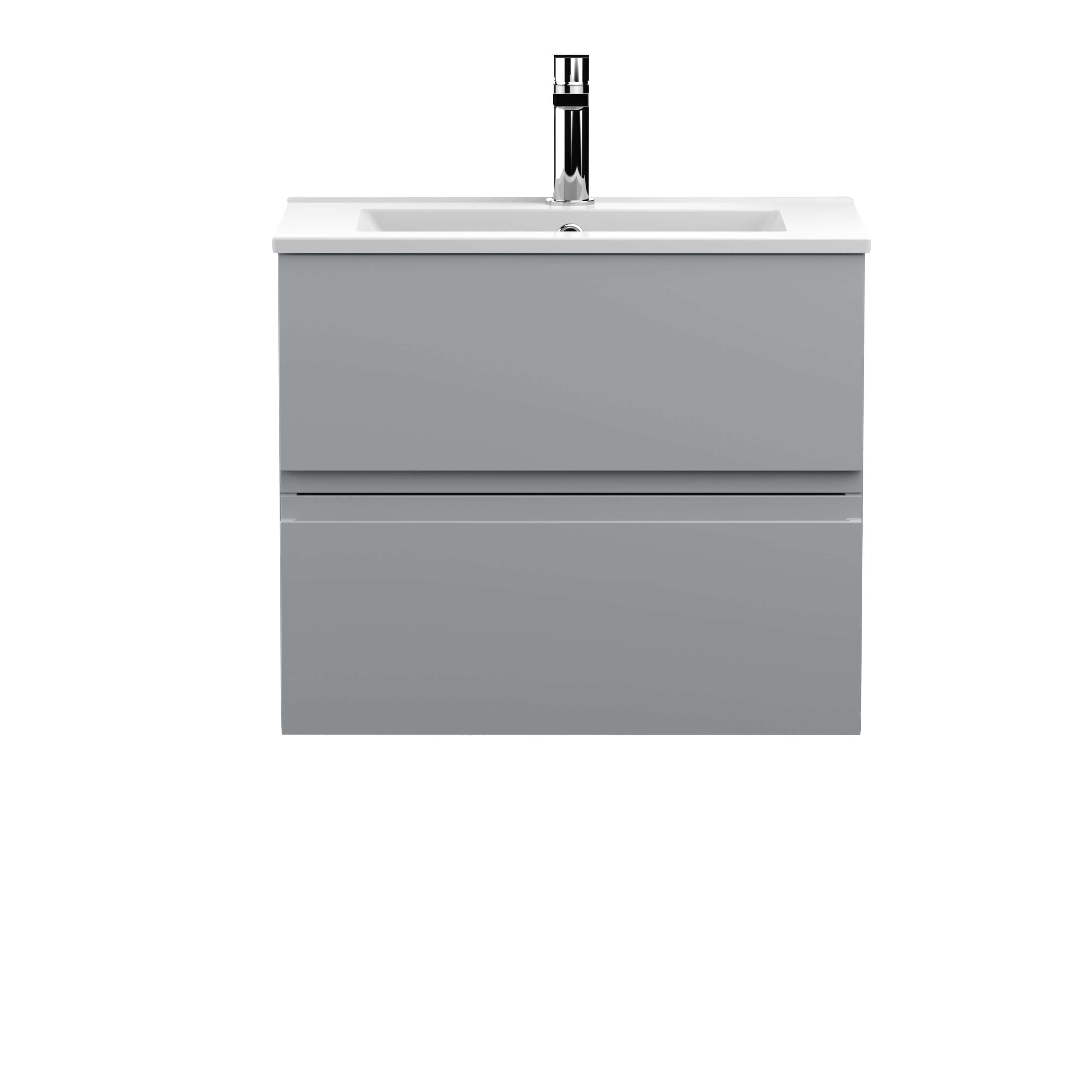 Modern grey bathroom vanity unit with integrated sink and chrome faucet, ideal for stylish bathroom renovations.