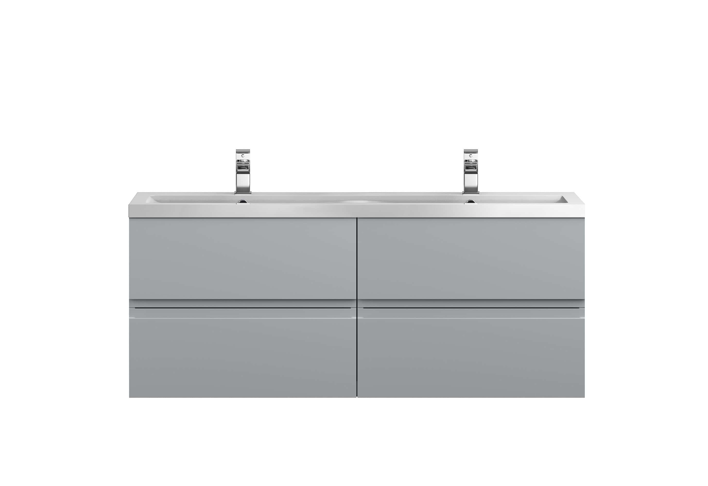 Modern grey bathroom vanity with integrated double sinks and chrome faucets for stylish bathroom design.