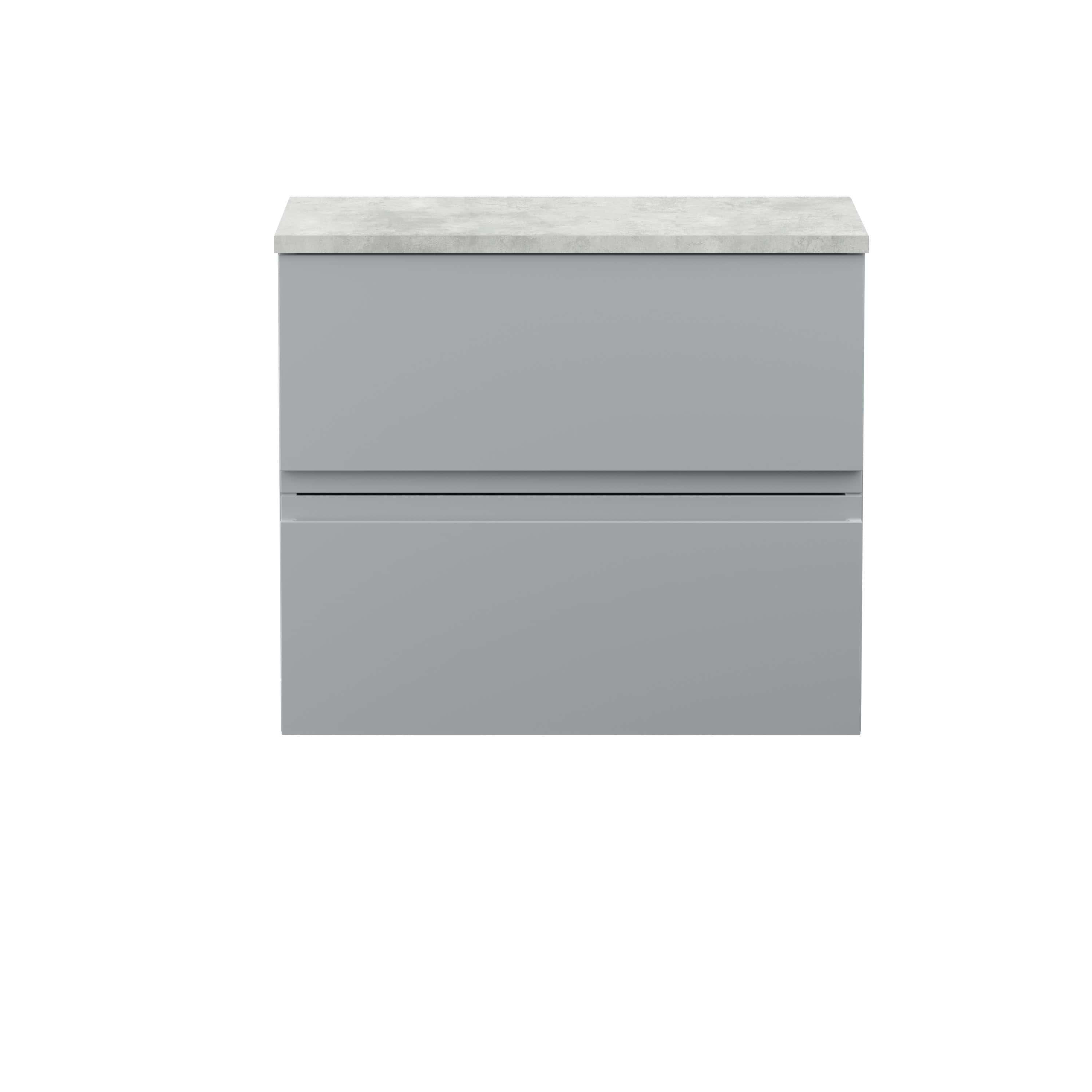 Sleek grey bathroom vanity unit with a minimalist design and a marble-effect countertop, perfect for modern bathroom interiors and storage solutions.
