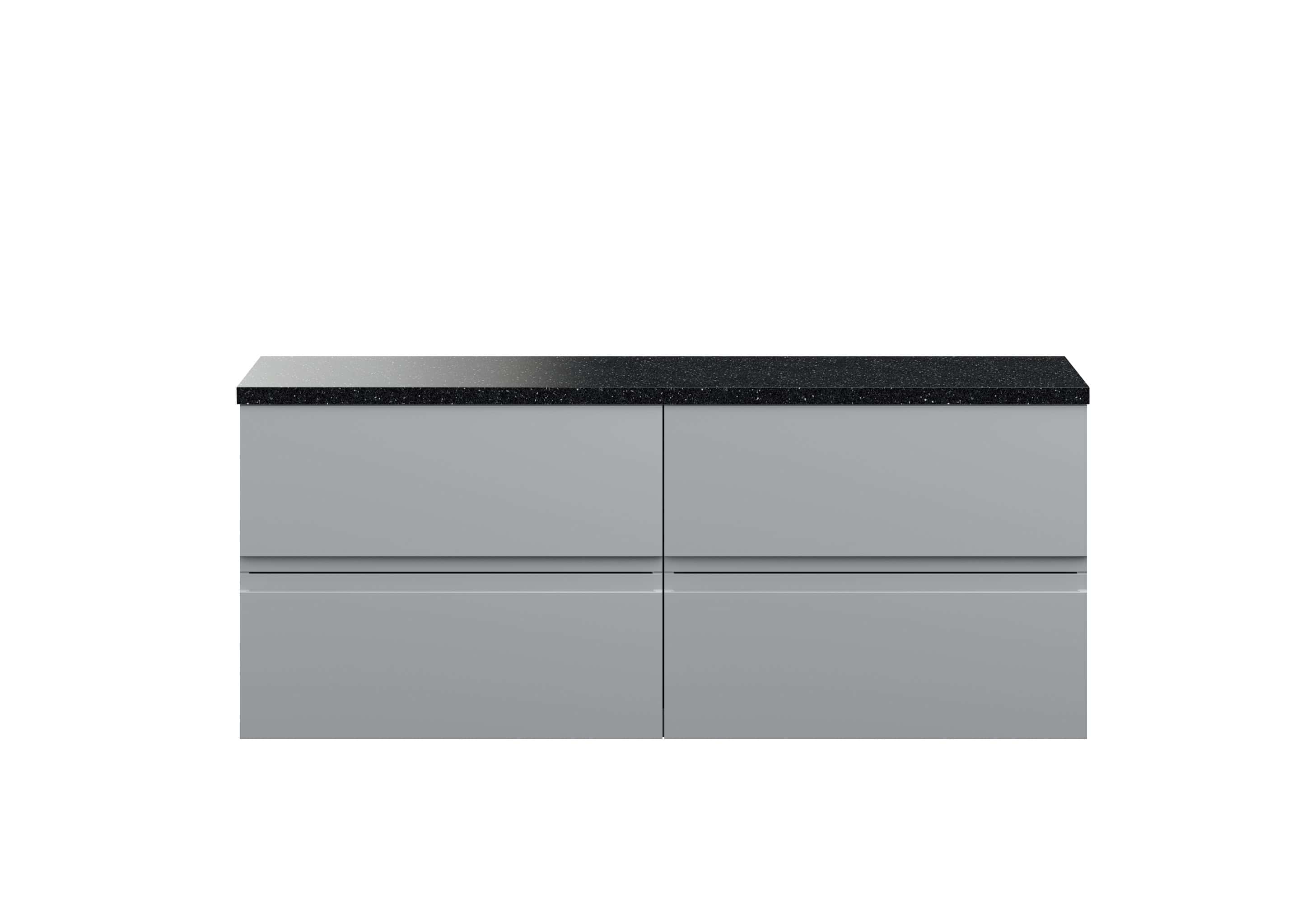 Sleek modern grey bathroom vanity with black granite countertop, ideal for contemporary bathroom designs and storage solutions.