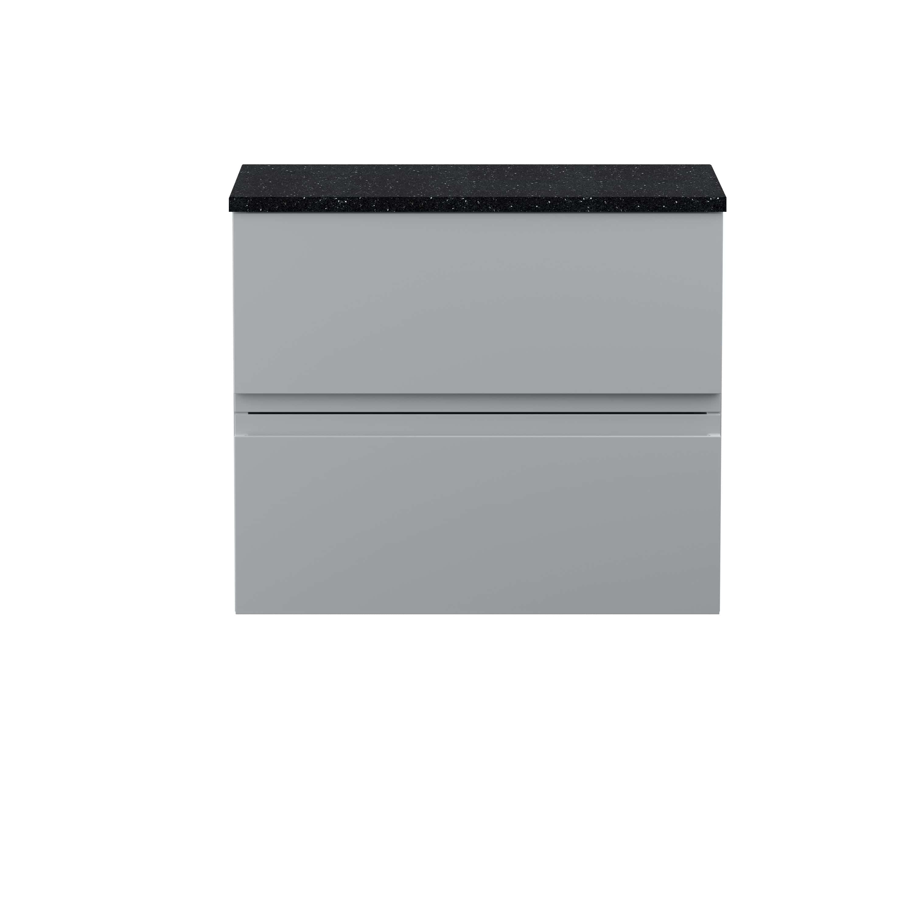 Modern grey bathroom vanity unit with sleek design and black countertop, ideal for contemporary bathroom decor.