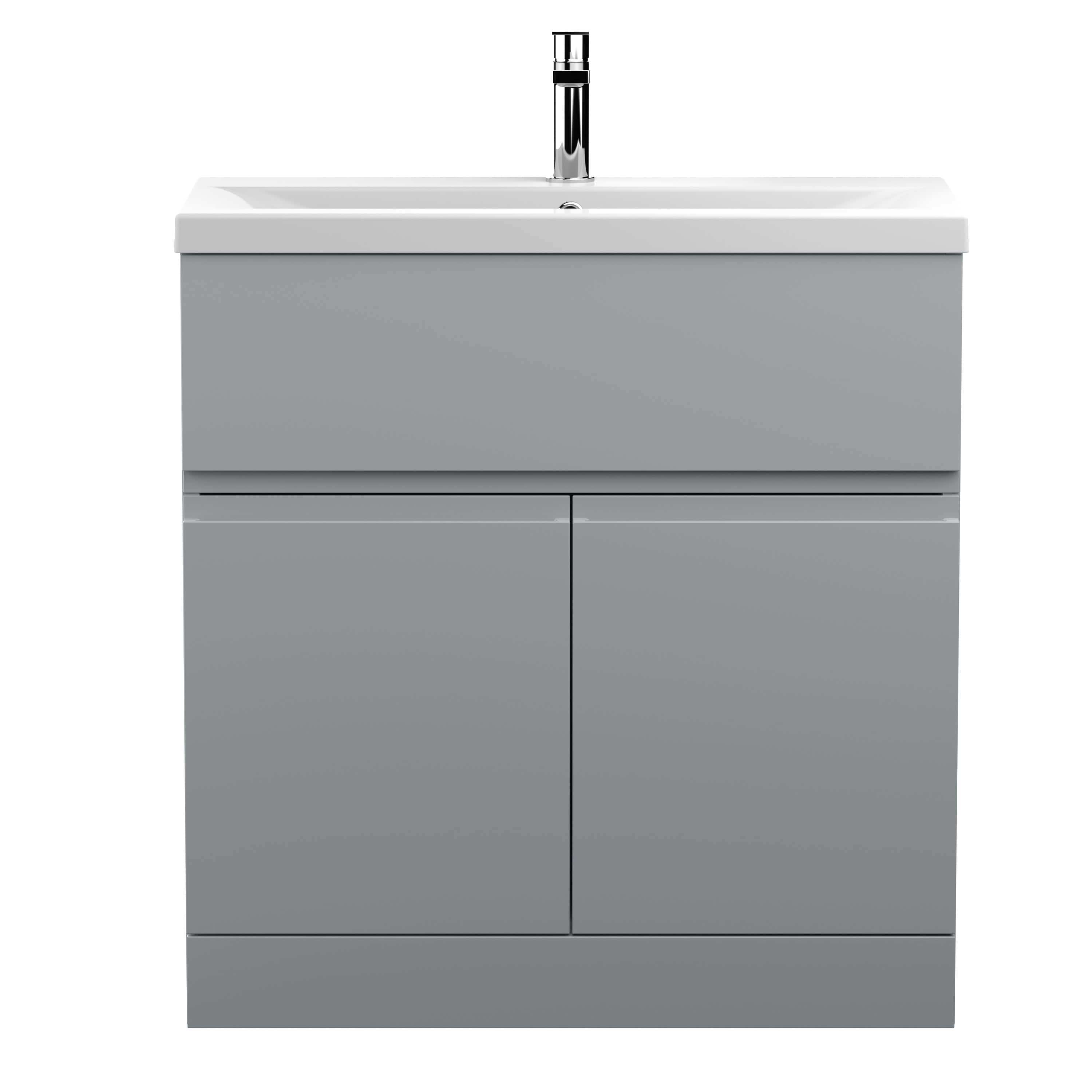 Modern grey bathroom vanity unit with integrated sink and chrome tap, ideal for contemporary bathroom designs.