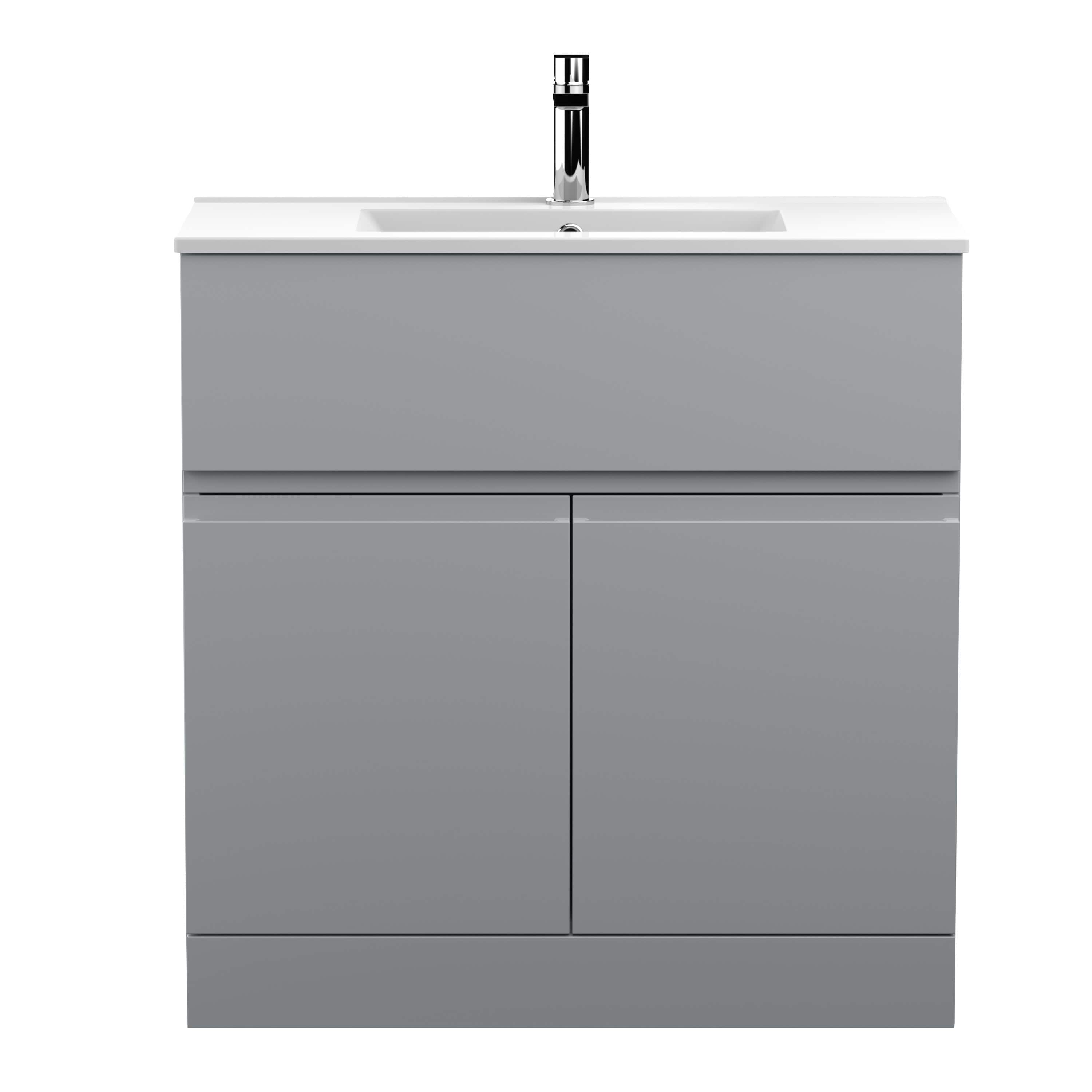 Sleek grey bathroom vanity with integrated sink and modern chrome faucet for contemporary Bubly bathrooms. Perfect for stylish, functional bathroom storage and organisation.