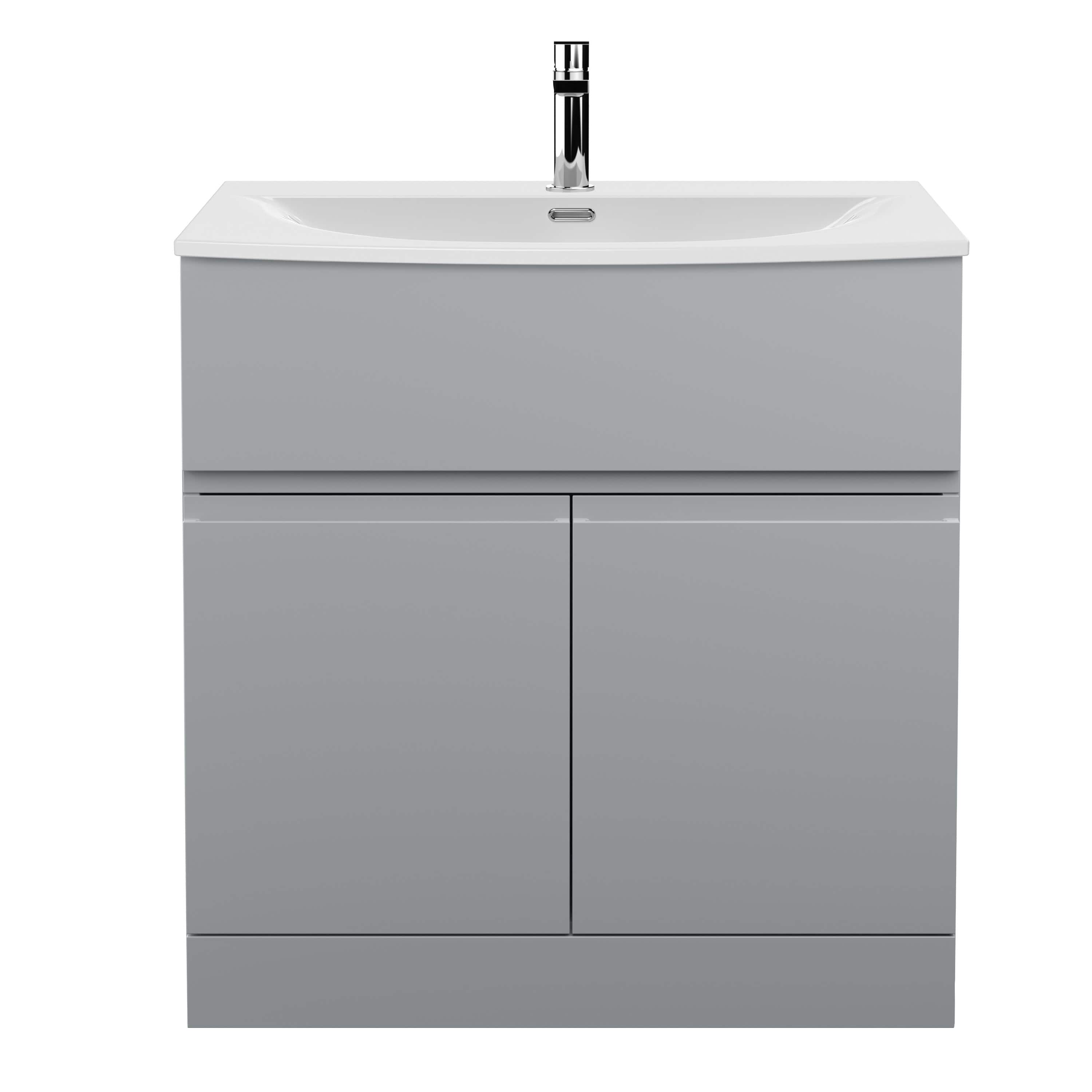 Contemporary grey bathroom vanity unit with integrated sink and modern chrome tap, stylish storage solutions, ideal for sleek bathroom designs.