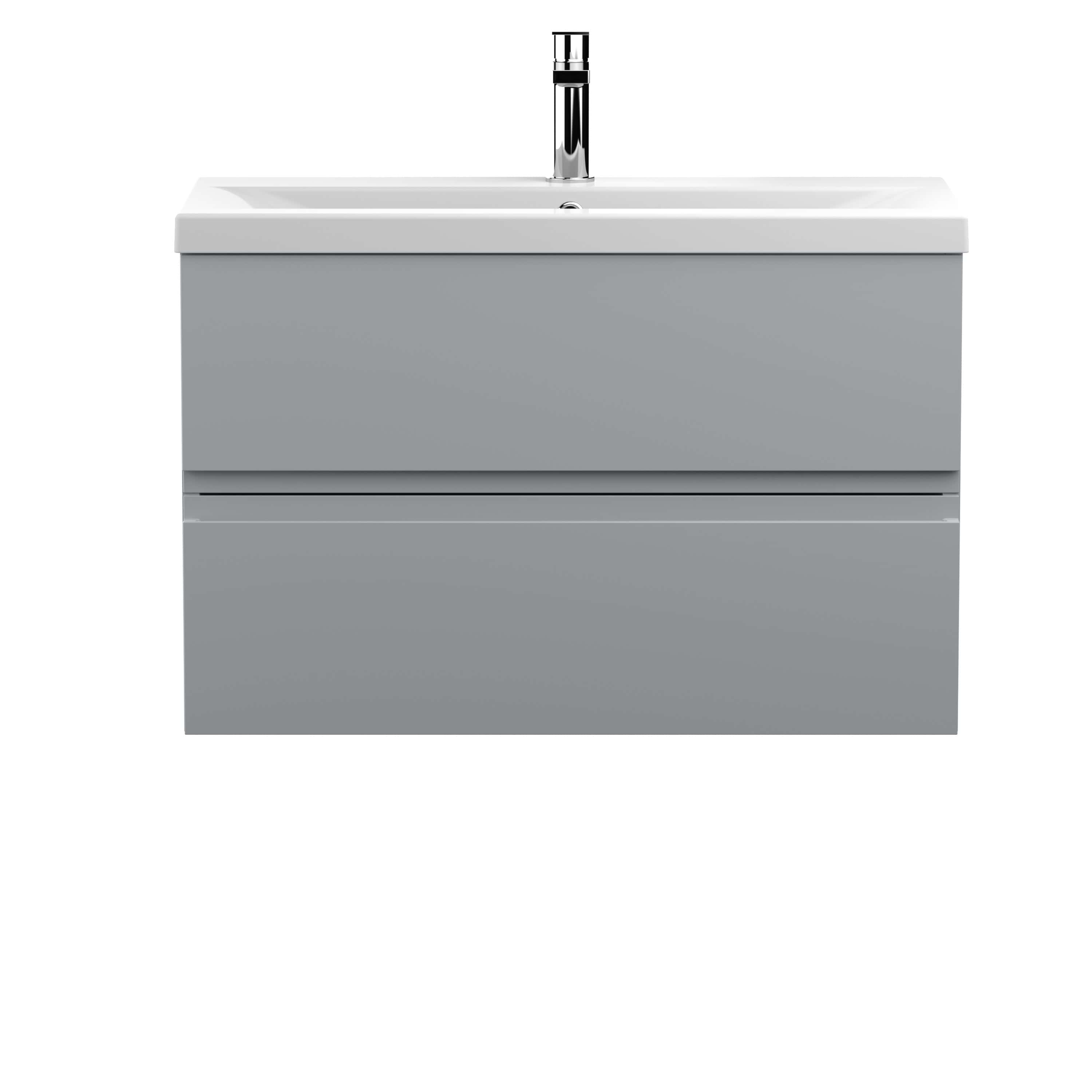 Modern grey bathroom vanity unit with integrated sink and chrome tap, ideal for contemporary bathroom designs.