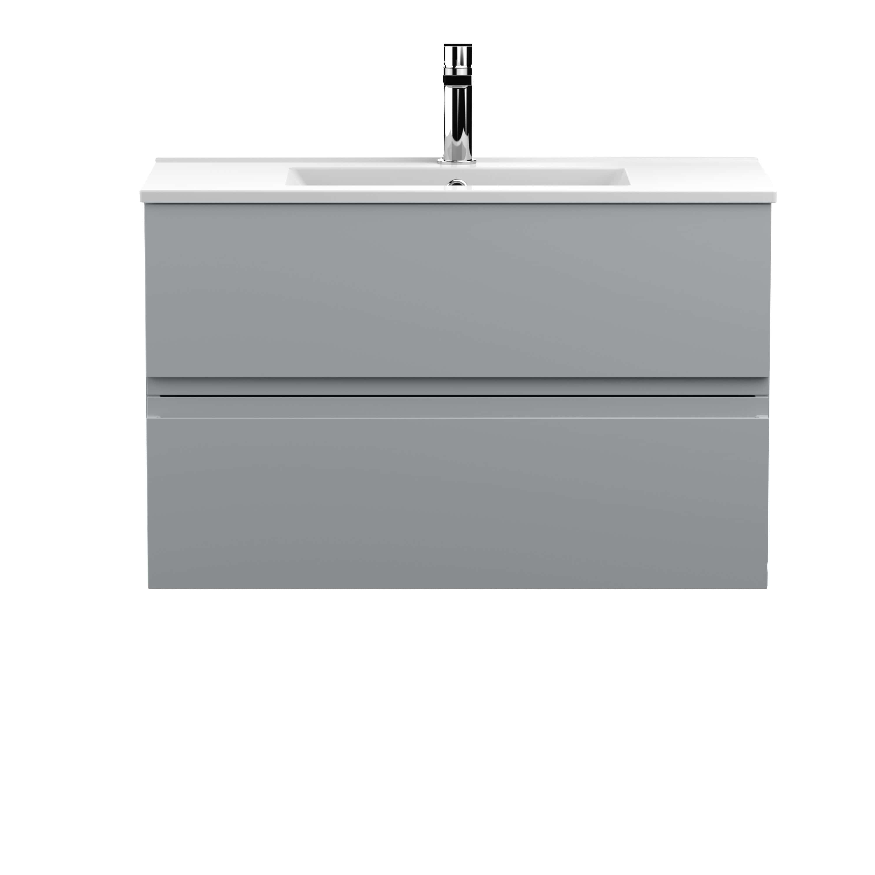 Sleek grey bathroom vanity with integrated sink and chrome faucet, modern minimalist design for contemporary bathrooms.
