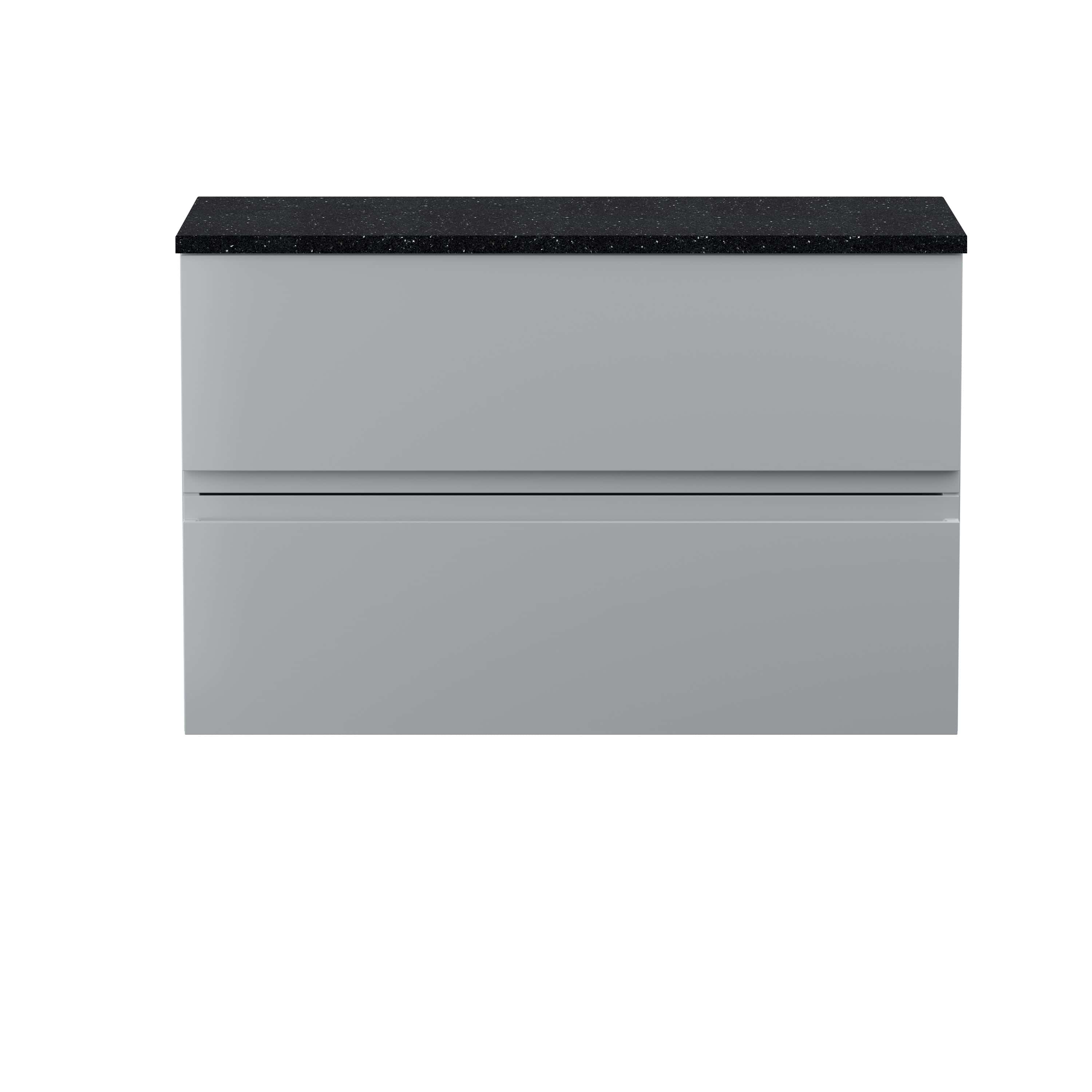 Sleek grey bathroom cabinet with black countertop, modern storage solution for contemporary bathrooms. Durable finish and minimalist design enhance bathroom organisation and style.