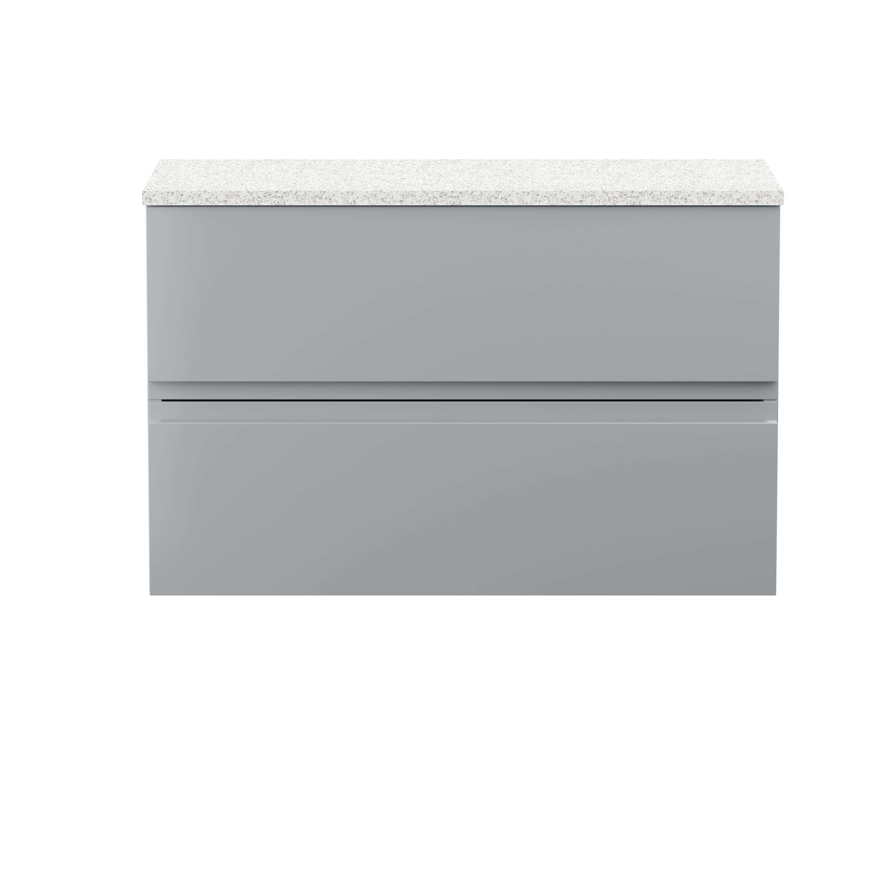Sleek grey bathroom vanity with a white speckled countertop, modern design, featuring two spacious drawers for stylish bathroom storage.