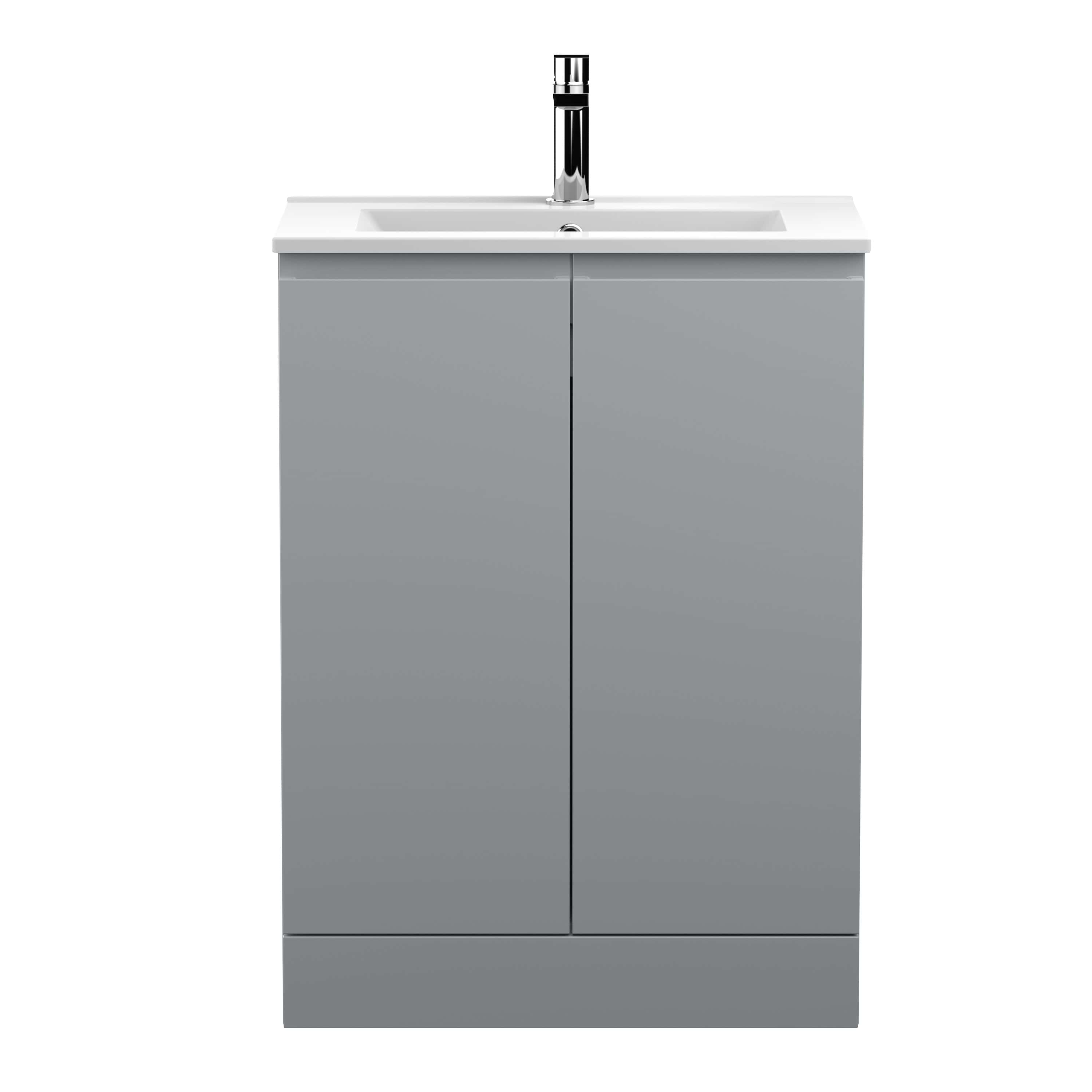 Sleek grey bathroom vanity unit with integrated sink and modern chrome tap, ideal for contemporary bathroom decor and storage solutions.