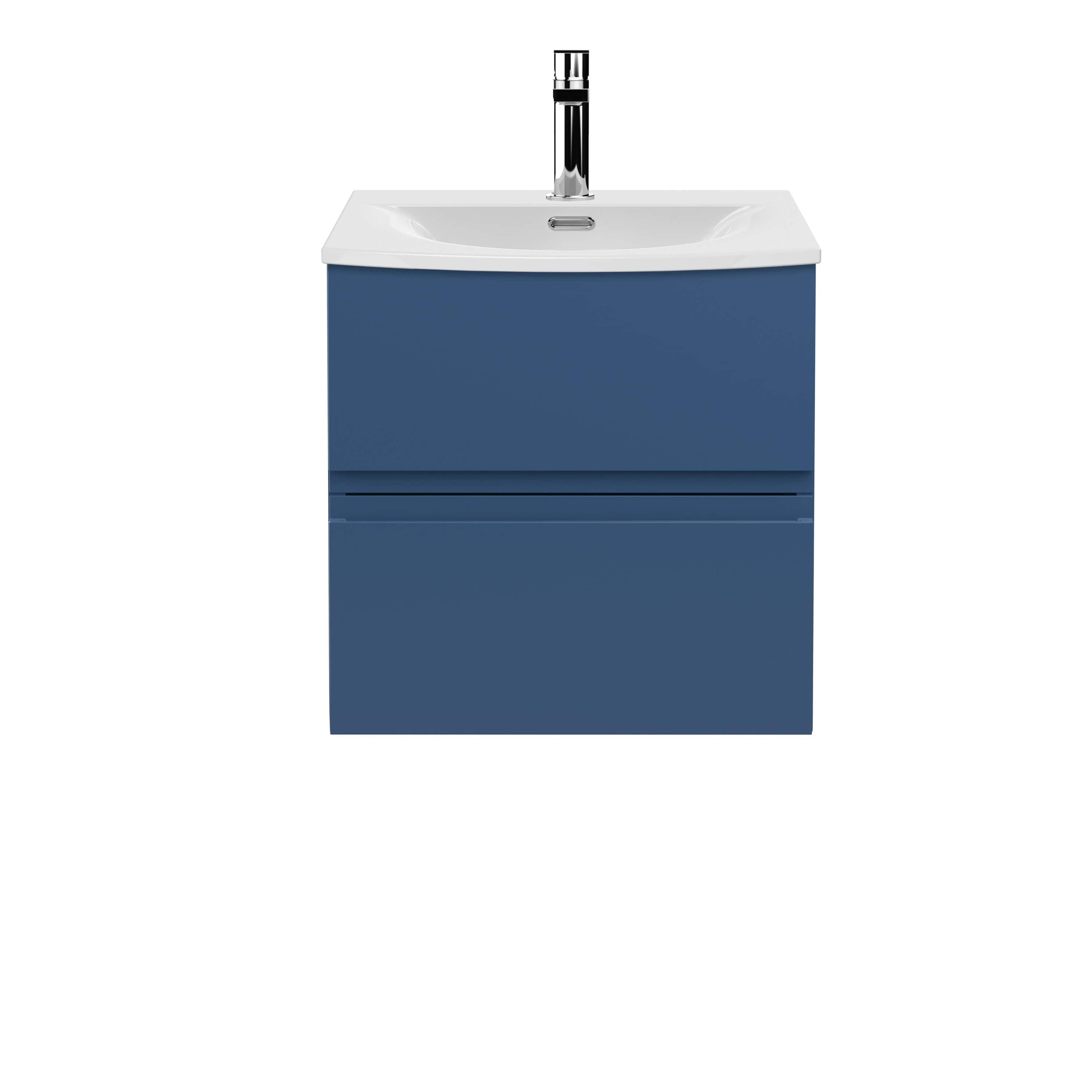 Modern blue bathroom vanity with integrated white ceramic sink and chrome faucet, ideal for contemporary bathrooms. Durable, sleek design for practical daily use and stylish bathroom decor.