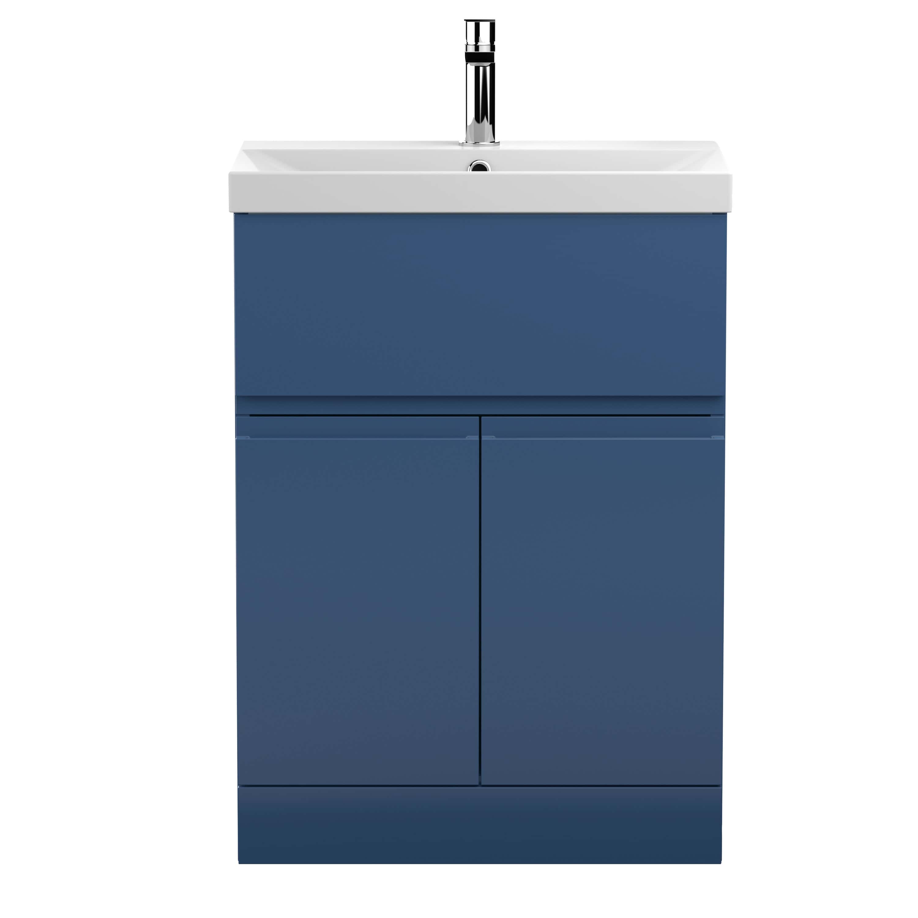 Modern blue bathroom vanity with integrated sink and chrome faucet, ideal for contemporary bathroom designs. Perfect storage solution for a stylish and functional bathroom space.