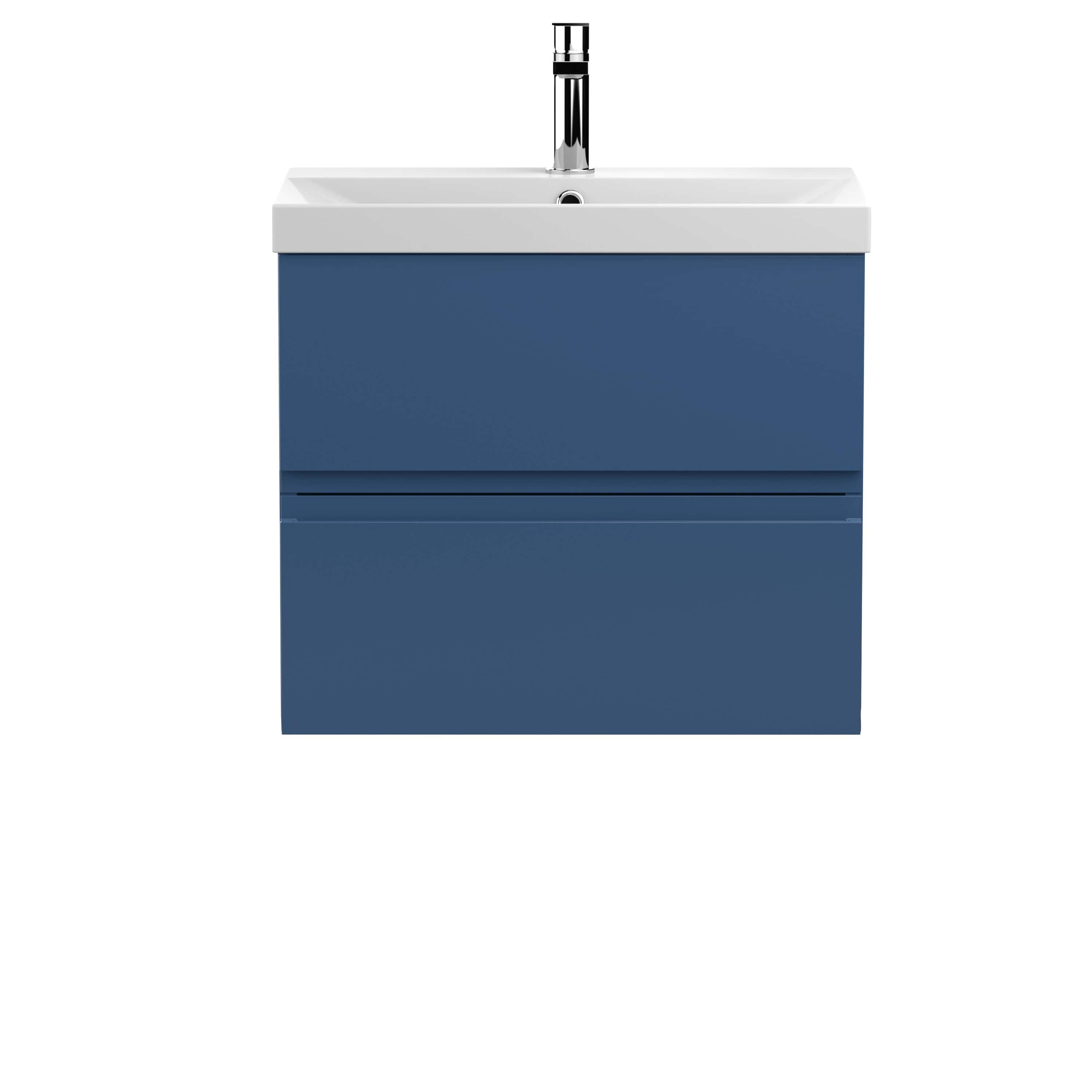 Contemporary blue bathroom vanity with integrated sink and sleek chrome faucet, perfect for modern bathroom design and space-saving storage solutions.