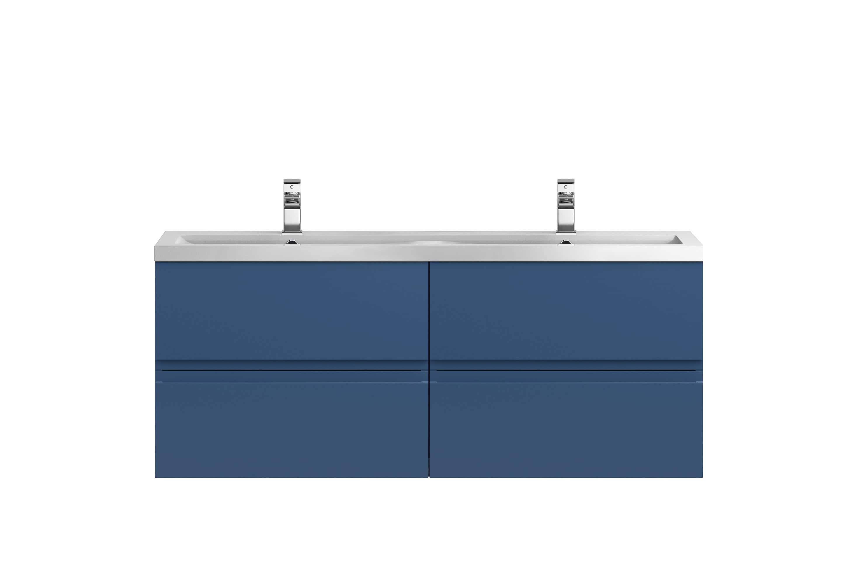 Sleek blue double bathroom vanity with integrated sink and modern chrome taps, perfect for contemporary bathrooms and enhancing space utility.
