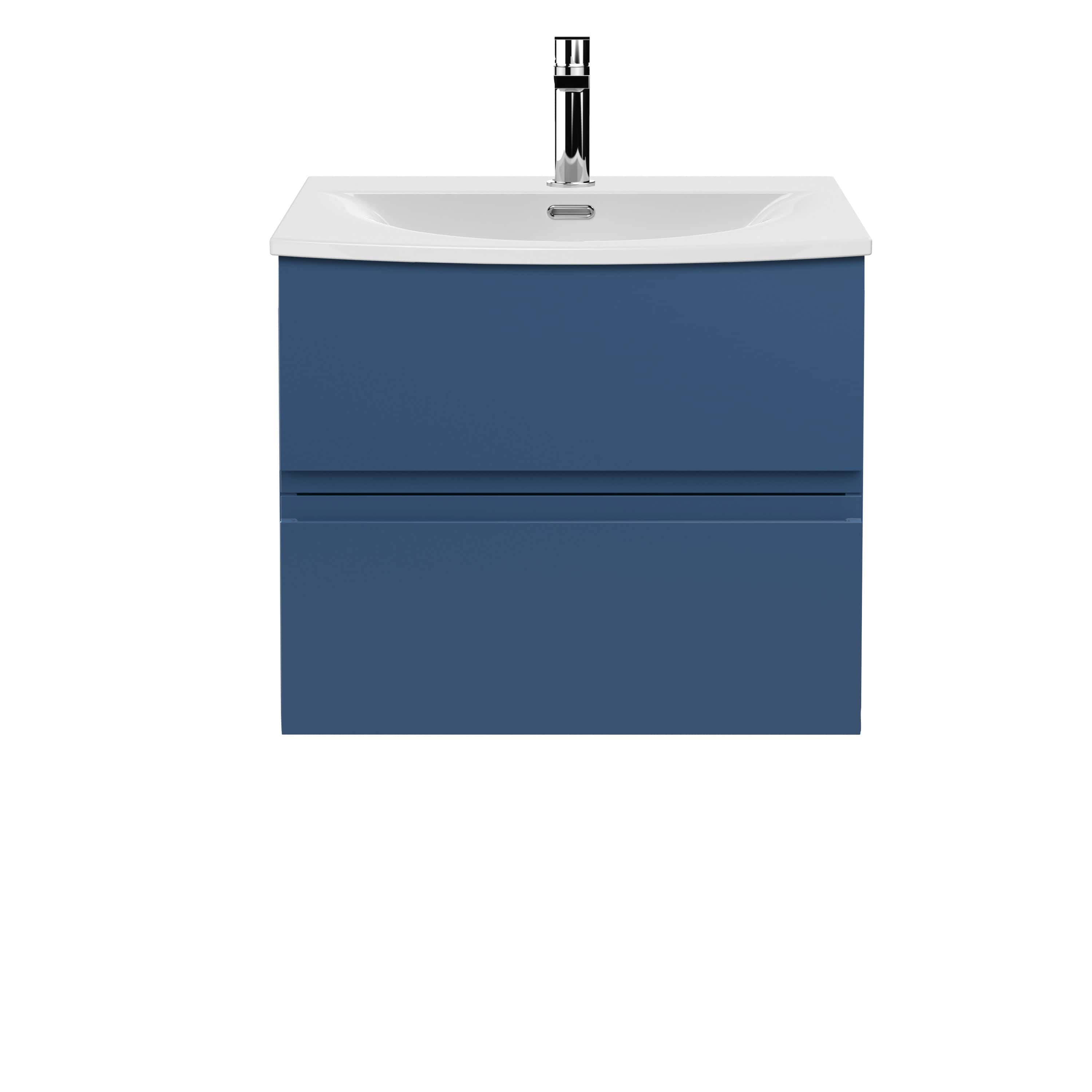 Modern blue bathroom vanity with integrated ceramic sink and chrome faucet, ideal for contemporary bathroom decorating and efficient storage solutions.