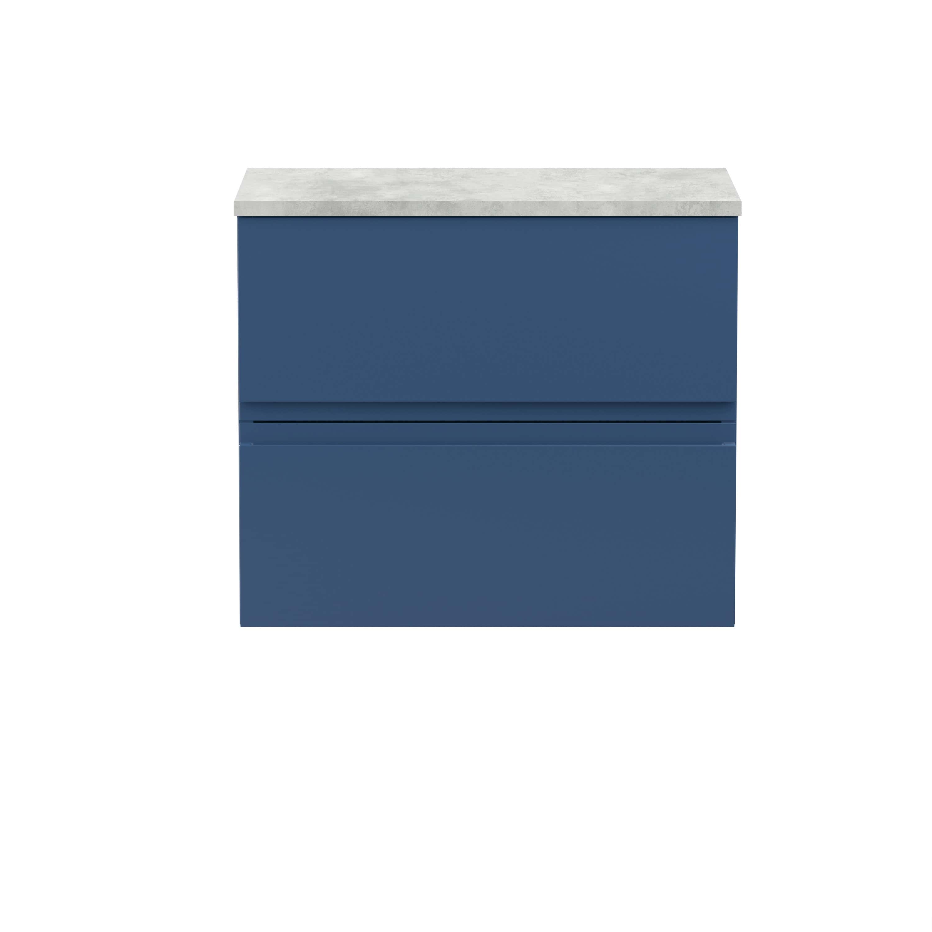 Sleek navy blue bathroom cabinet with a minimalist design featuring two drawers and a concrete-textured top surface, ideal for modern bathroom storage solutions.