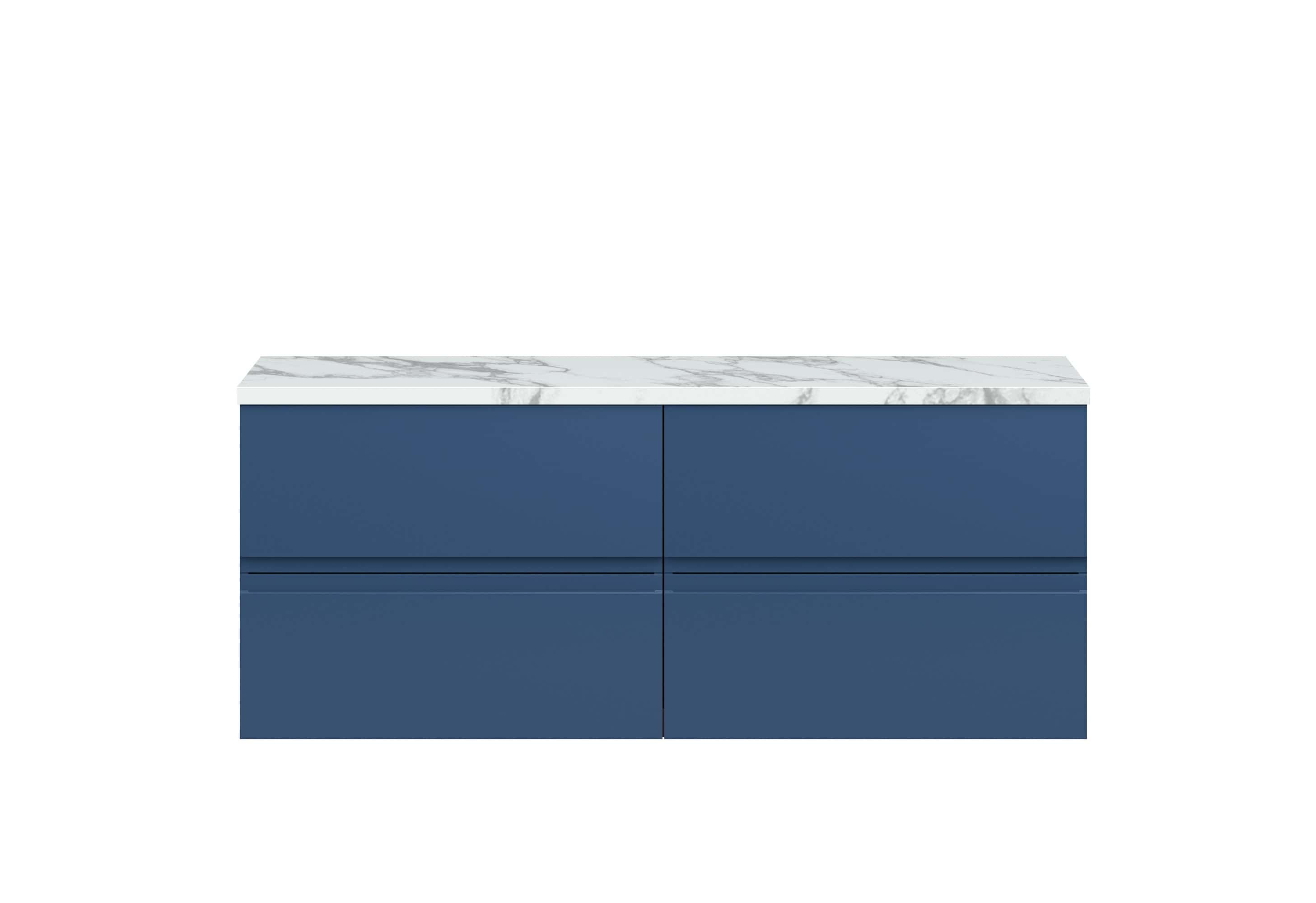 Sleek navy blue bathroom vanity with marble countertop, modern and functional design from Bubly Bathrooms, perfect for stylish bathroom storage solutions.