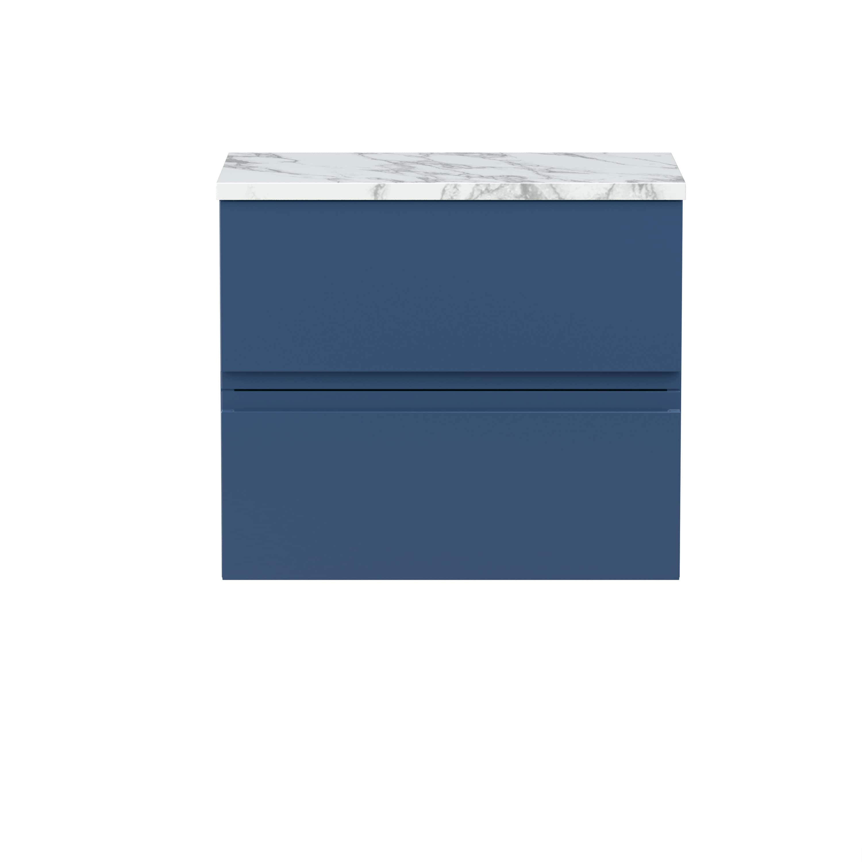 Modern navy blue bathroom vanity with marble countertop, sleek and minimalist design for contemporary bathrooms.