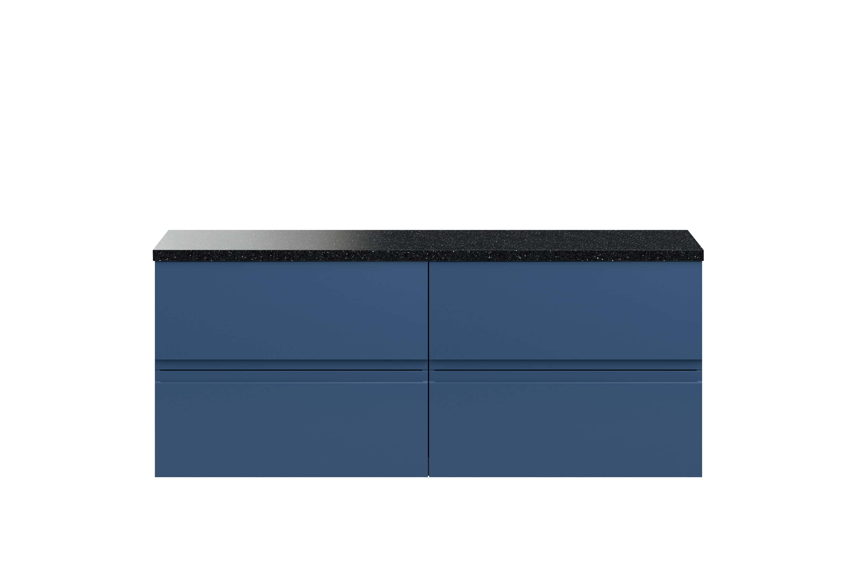 Sleek navy blue bathroom vanity with black speckled countertop, modern storage drawers, minimalistic design, ideal for contemporary bathrooms, featuring durable finish and clean lines.