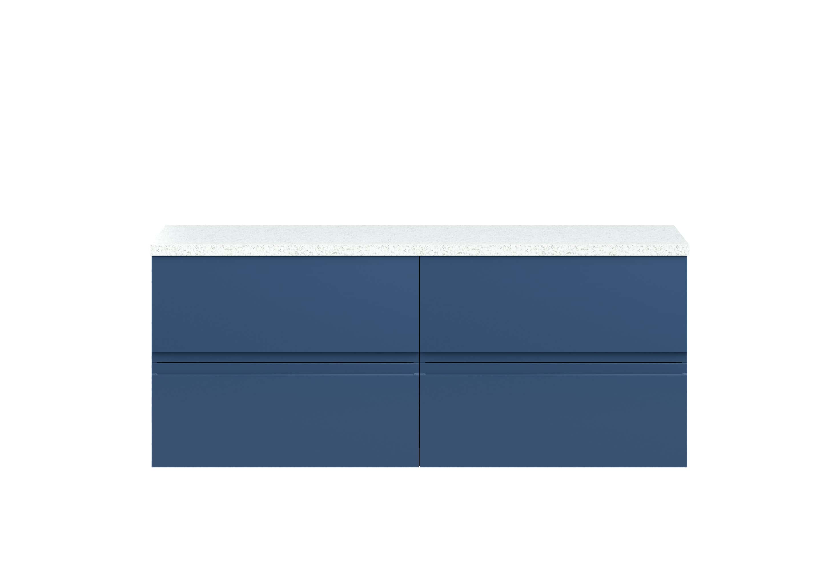 Sleek blue bathroom vanity unit with white speckled countertop, modern storage solution for contemporary bathrooms. Perfect for stylish bathroom design and organisation.
