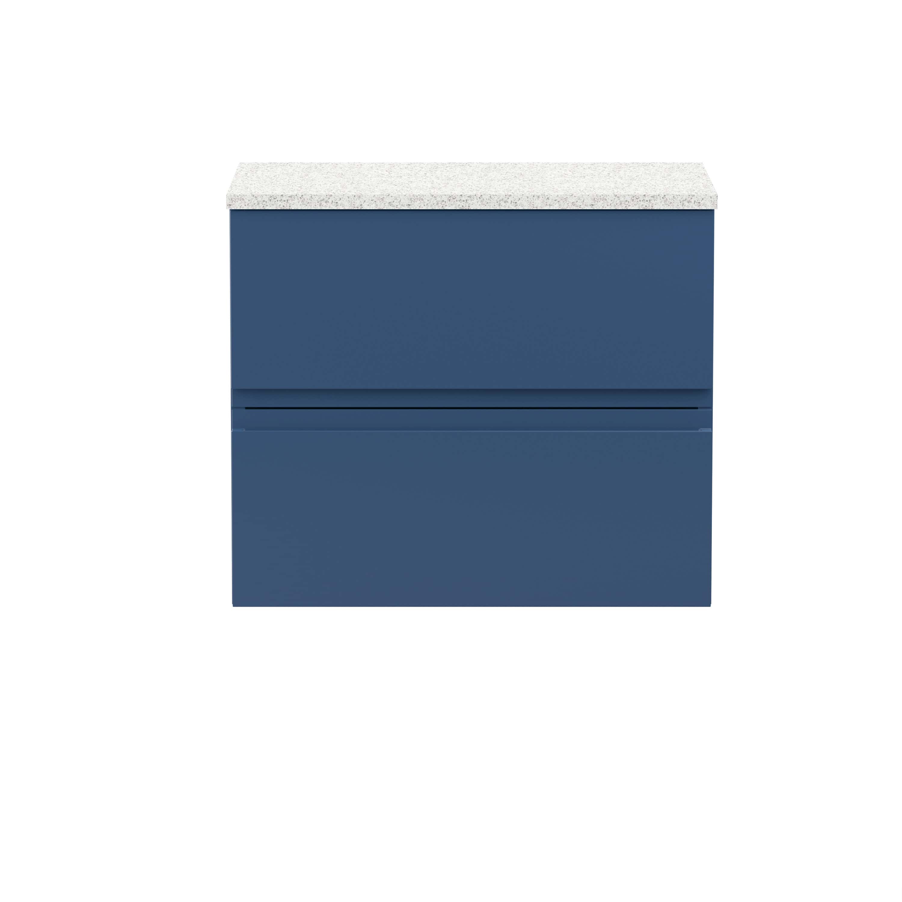 Modern blue bathroom vanity with a white speckled stone countertop, sleek drawer design, ideal for contemporary bathroom decor, offering stylish storage solutions.