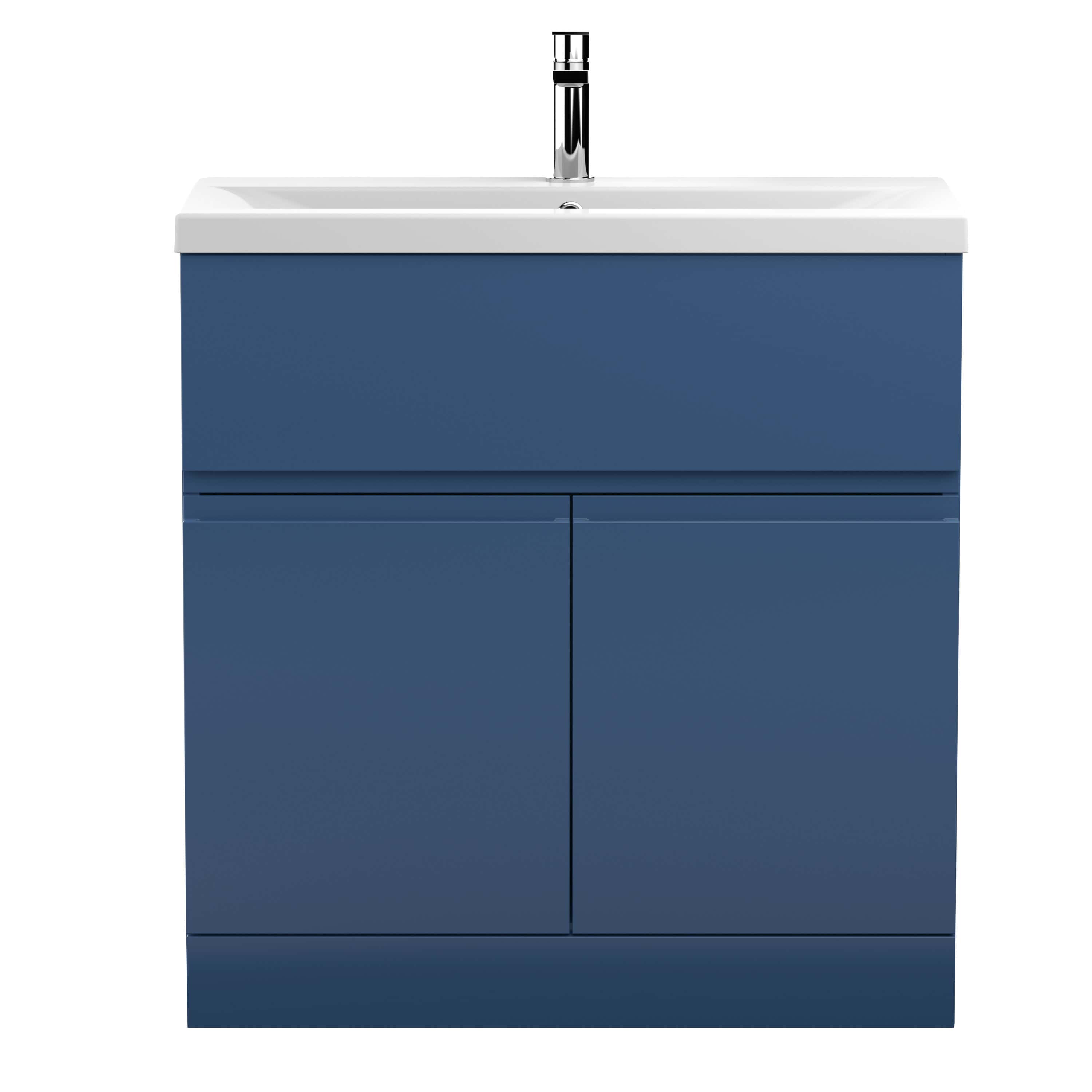 Modern blue bathroom vanity with integrated sink and chrome tap, ideal for stylish bathroom interior design. Crafted for functionality and contemporary aesthetics.