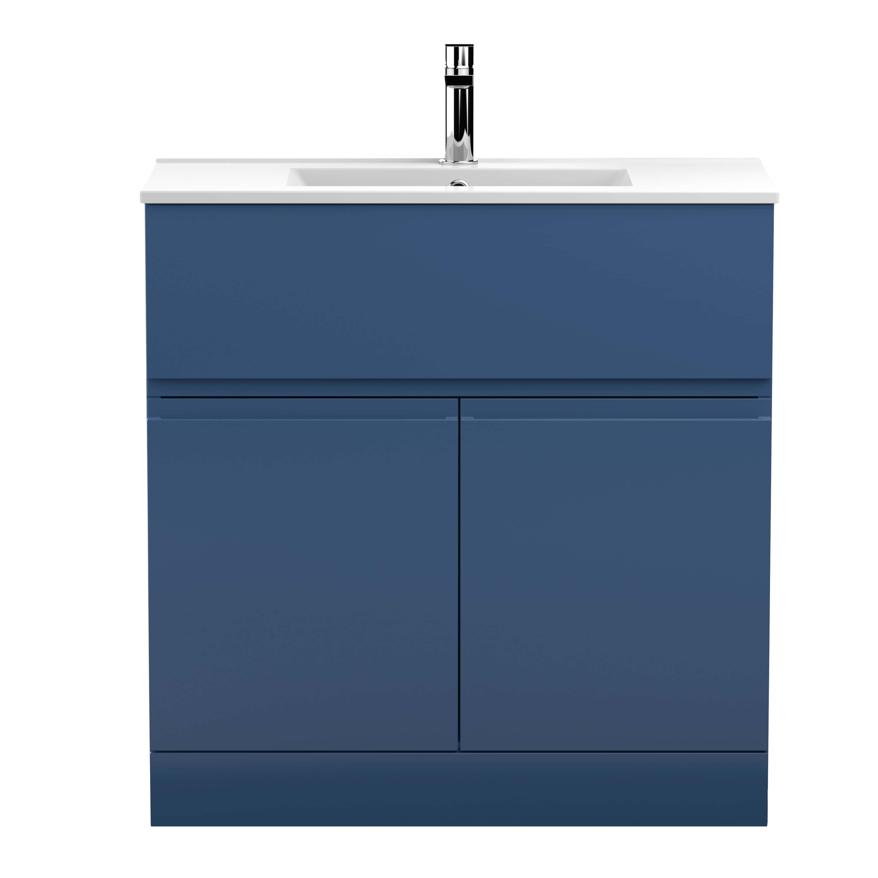 Sleek navy bathroom vanity with integrated sink and modern chrome faucet, perfect for contemporary bathroom designs. Durable cabinetry offers ample storage space.
