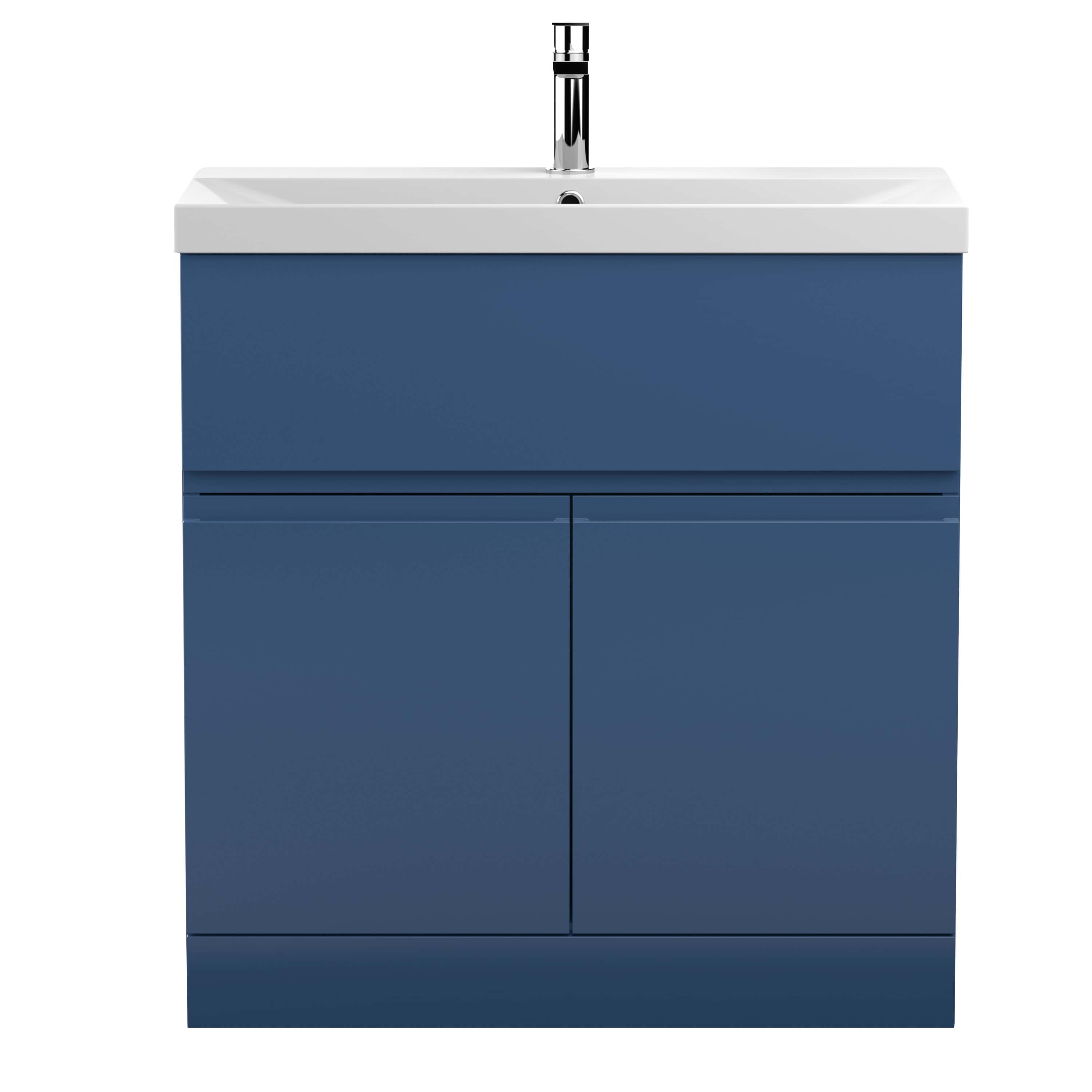 Sleek blue bathroom vanity with integrated sink and modern chrome tap, perfect for contemporary bathroom styling and space optimisation.