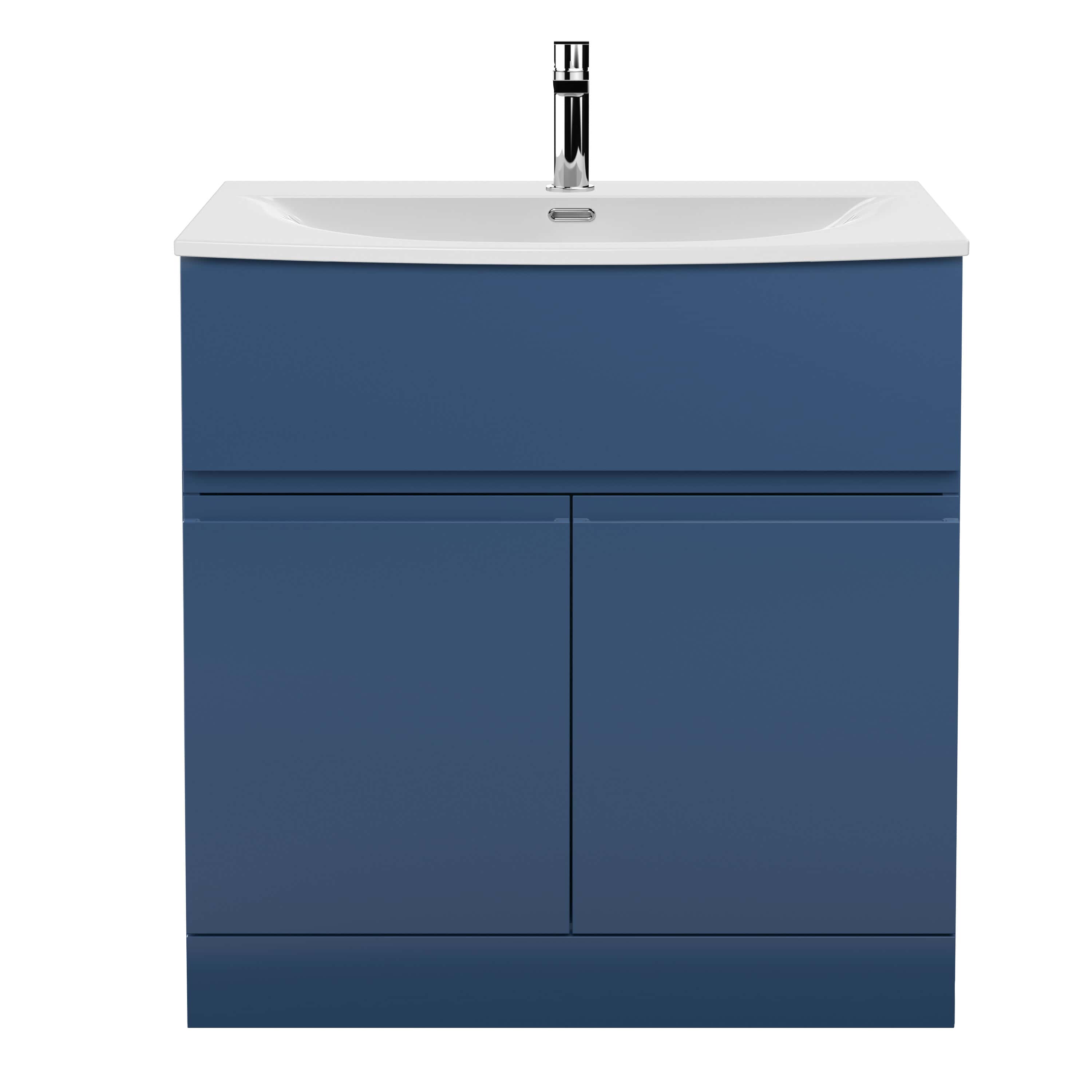 Sleek blue bathroom vanity unit with integrated sink and modern chrome faucet, perfect for contemporary bathroom designs.