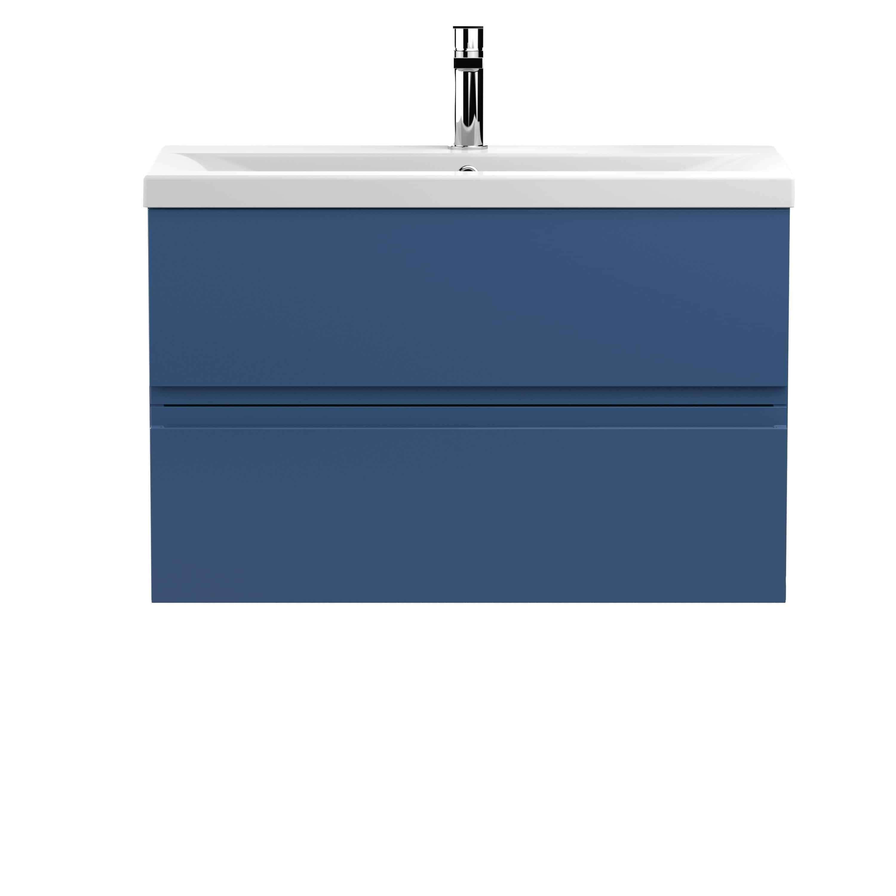 Sleek modern blue bathroom vanity unit with integrated sink and chrome tap, ideal for contemporary bathroom designs. Perfect for stylish storage and functional aesthetics.