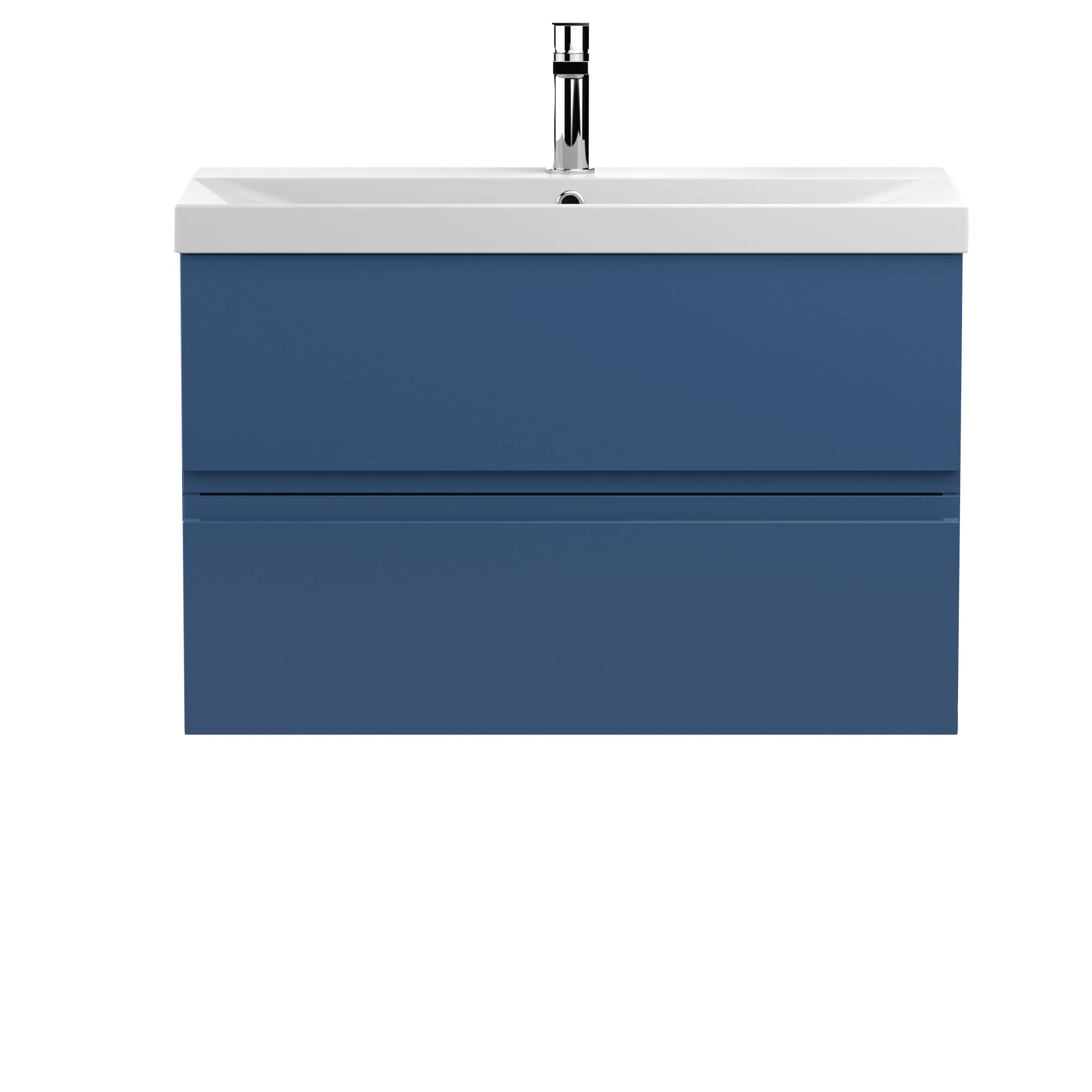 Modern blue bathroom vanity with integrated sink and sleek chrome faucet, perfect for contemporary bathroom interiors. Durable, stylish, and designed for easy maintenance.