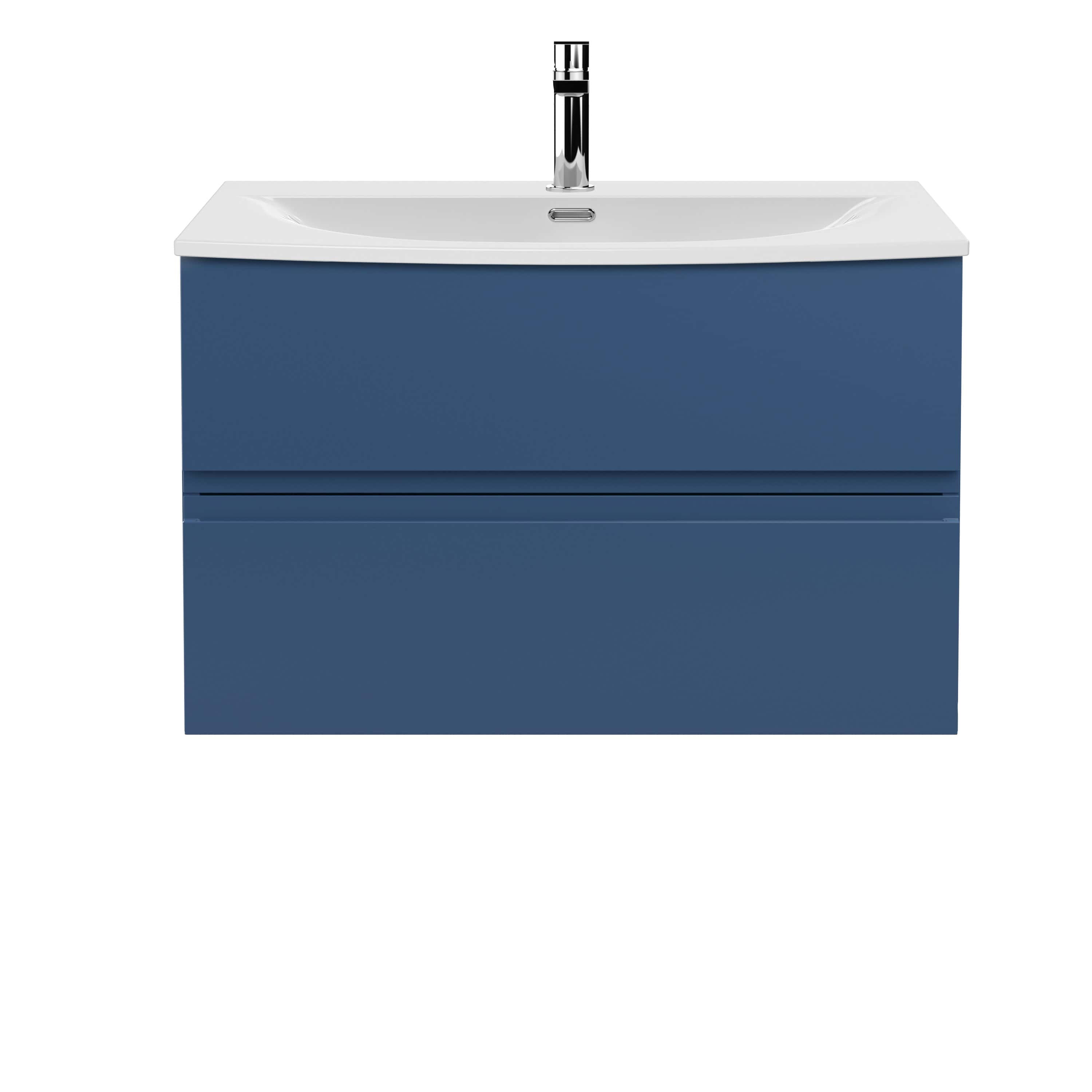 Sleek modern blue bathroom vanity with integrated sink and chrome faucet, ideal for contemporary bathroom designs. Perfect for stylish storage and functional use in bathroom spaces.